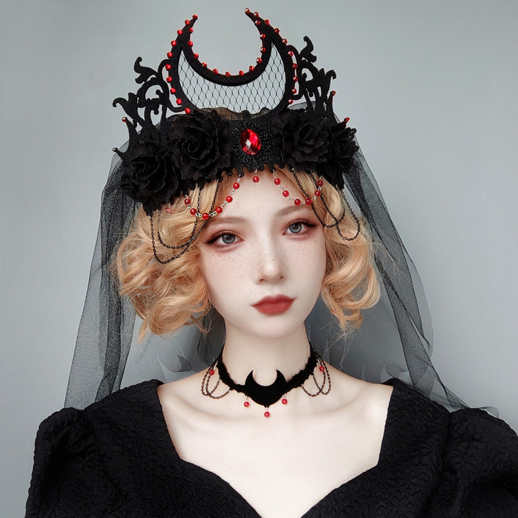 Halloween Black Velvet Bat Choker Necklace | Blood Red Bead Gunmetal Chain Drape Scallop Edge Cord Tie Vampire Dark Costume Jewelry
