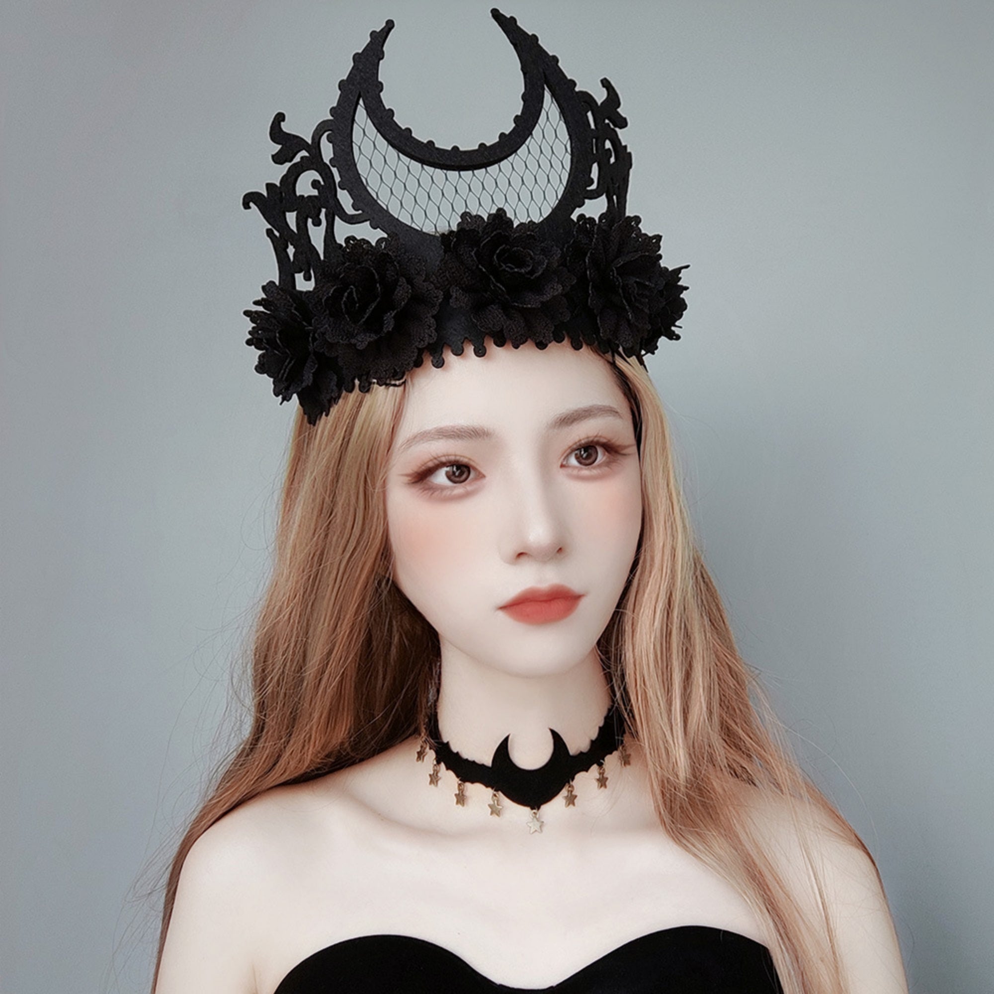 Halloween Black Bat Silhouette Choker Necklace | Antique Gold Star Charm Fringe Scallop Edge Ribbon Tie Vampire Witch Dark Costume Jewelry