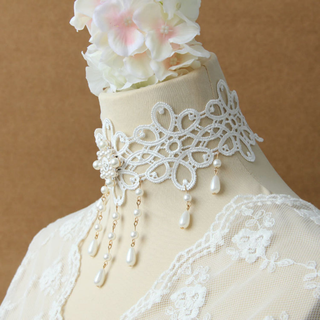 Halloween White Lace Choker Necklace | Pearl Drop Fringe Gold Chain Rhinestone Center Ghost Bride Bridal Costume Jewelry
