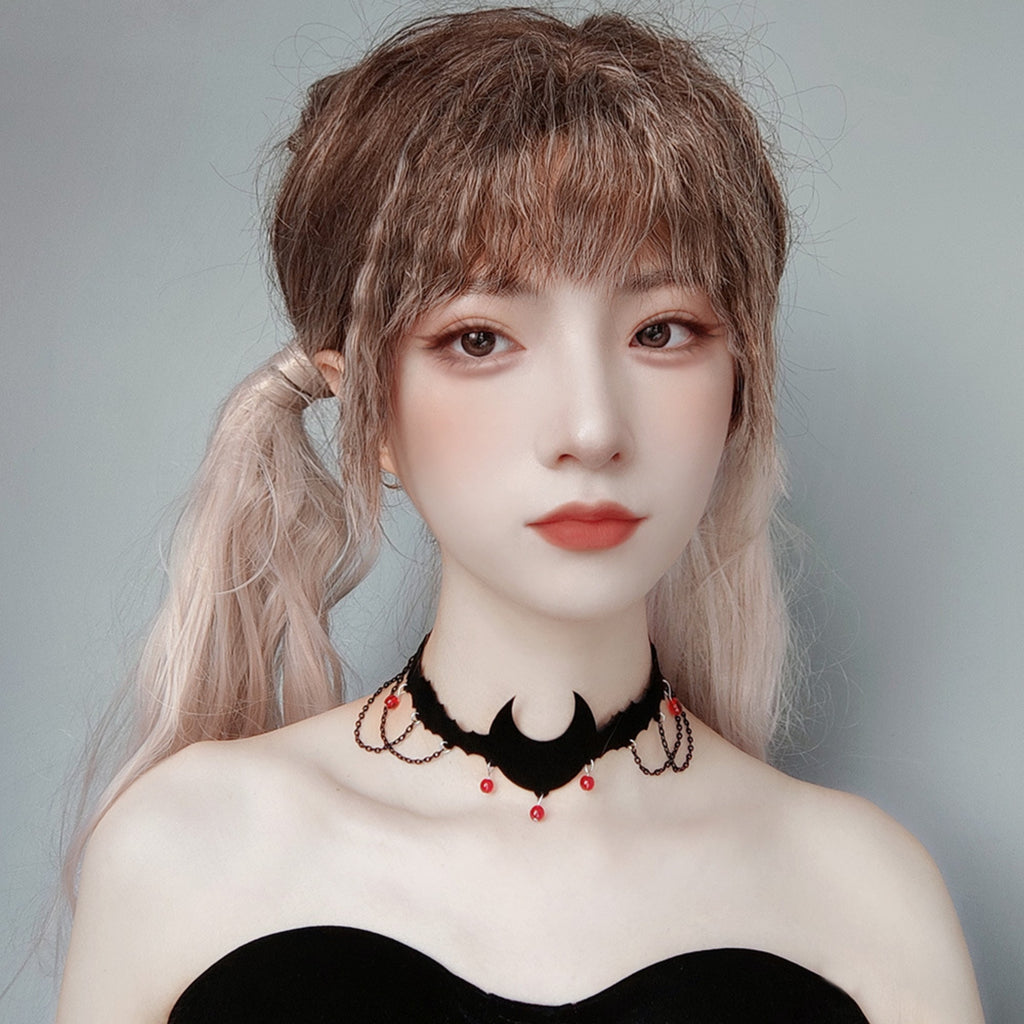 Halloween Black Velvet Bat Choker Necklace | Blood Red Bead Gunmetal Chain Drape Scallop Edge Cord Tie Vampire Dark Costume Jewelry