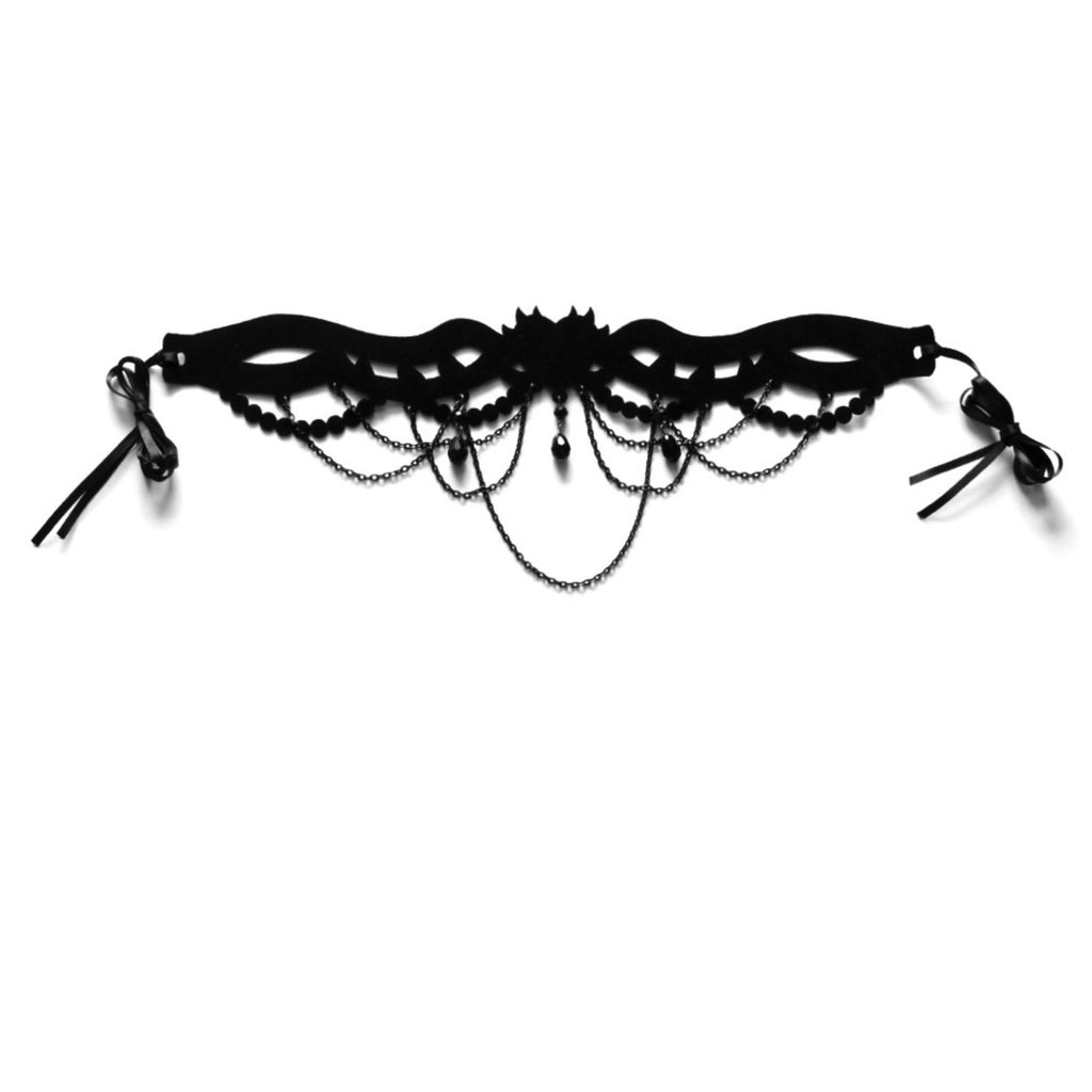 Halloween Gothic All-Black Velvet Crown Cutwork Choker Necklace | Black Chain Drape Bead Fringe Teardrop Pendant Cord Tie Dark Queen Costume Jewelry