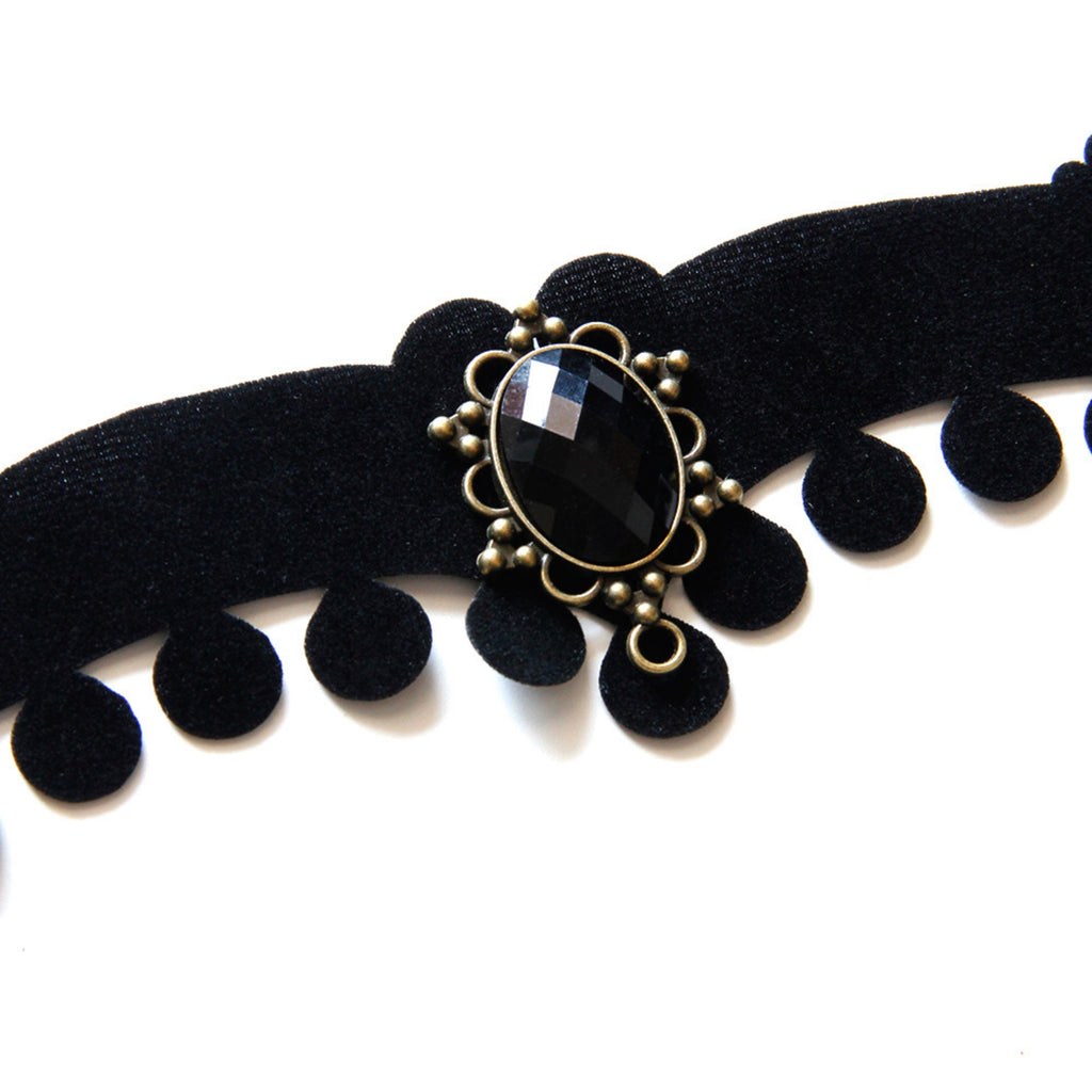 Halloween Black Velvet Baroque Choker Necklace | Pompom Ball Fringe Antique Bronze Black Oval Gemstone Pendant Long Ribbon Tie Dark Costume Jewelry