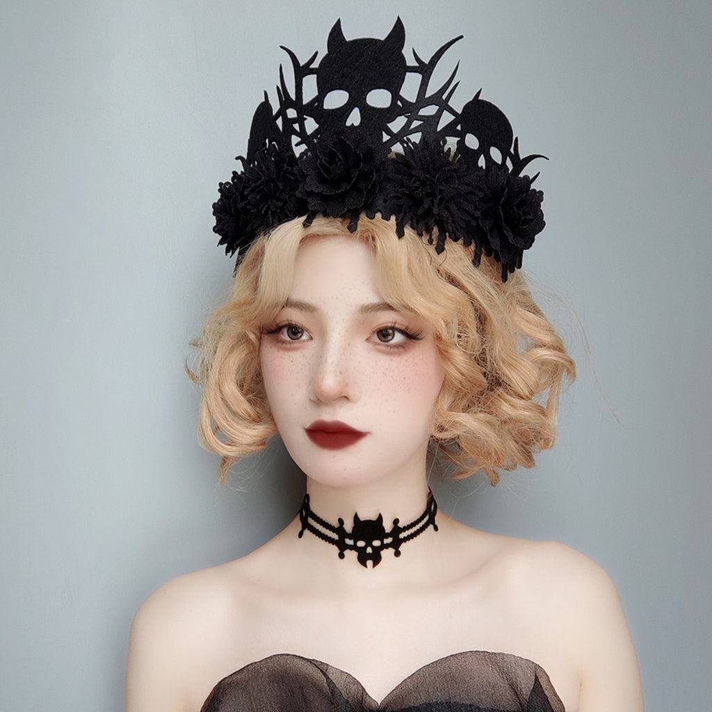 Halloween Gothic Skull Bat Lace Choker & Black Rose Skull Thorn Crown Headpiece Set | Dark Queen Vampire Bride Costume Jewelry Set