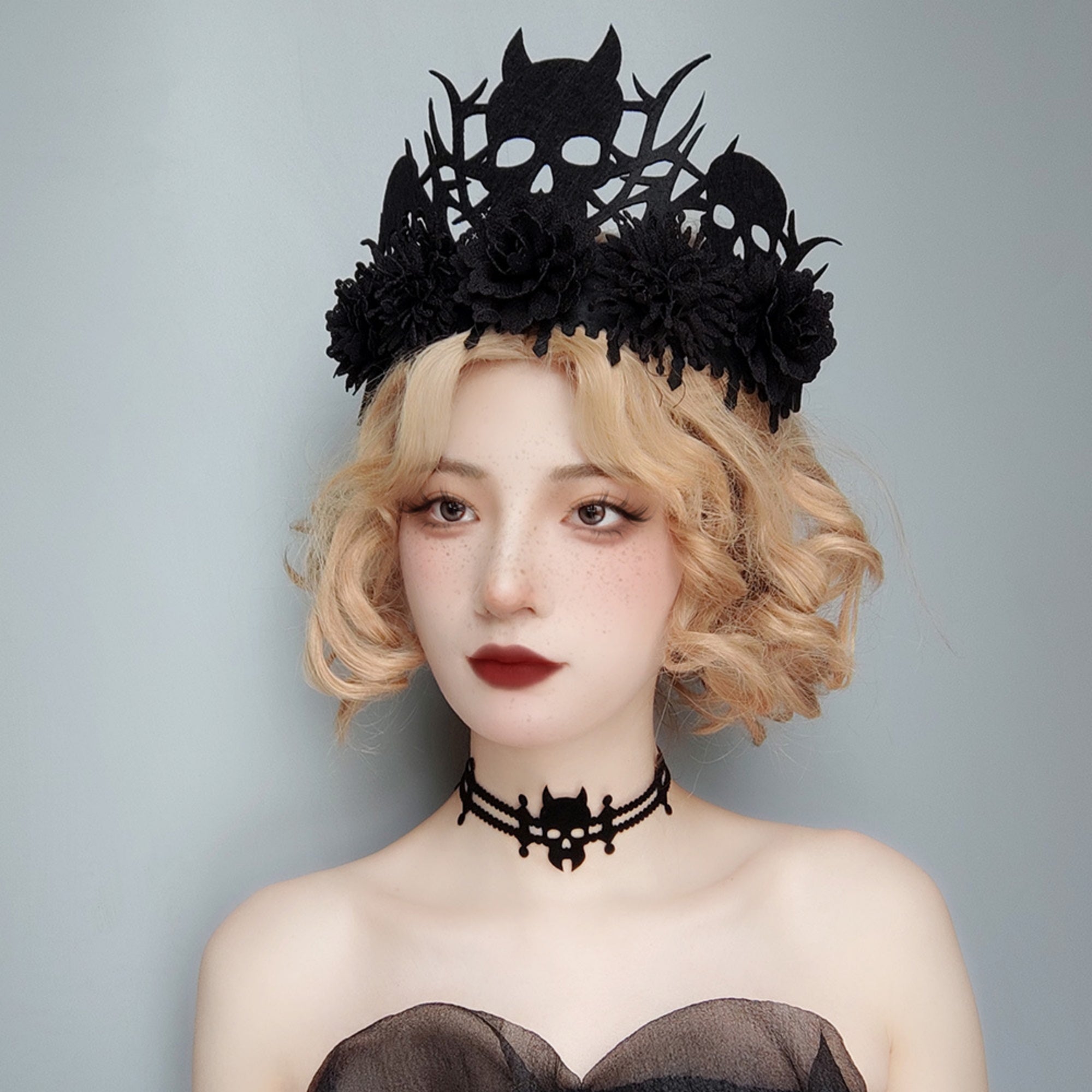 Halloween Gothic Skull Bat Lace Choker & Black Rose Skull Thorn Crown Headpiece Set | Dark Queen Vampire Bride Costume Jewelry Set