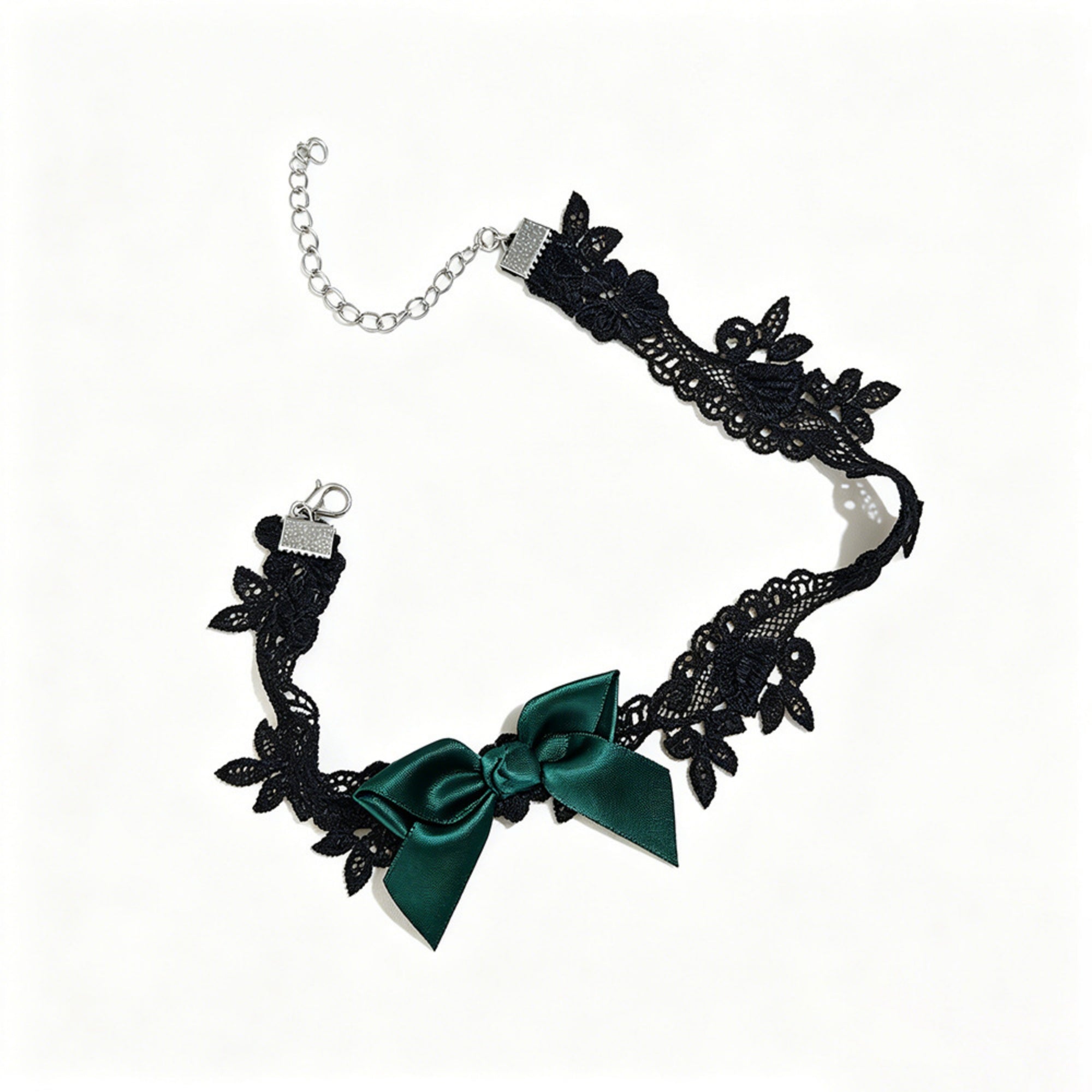 Black Lace Bow Choker Necklace | Dark Green Satin Ribbon Bow Gothic Lolita Dark Romance Halloween Jewelry