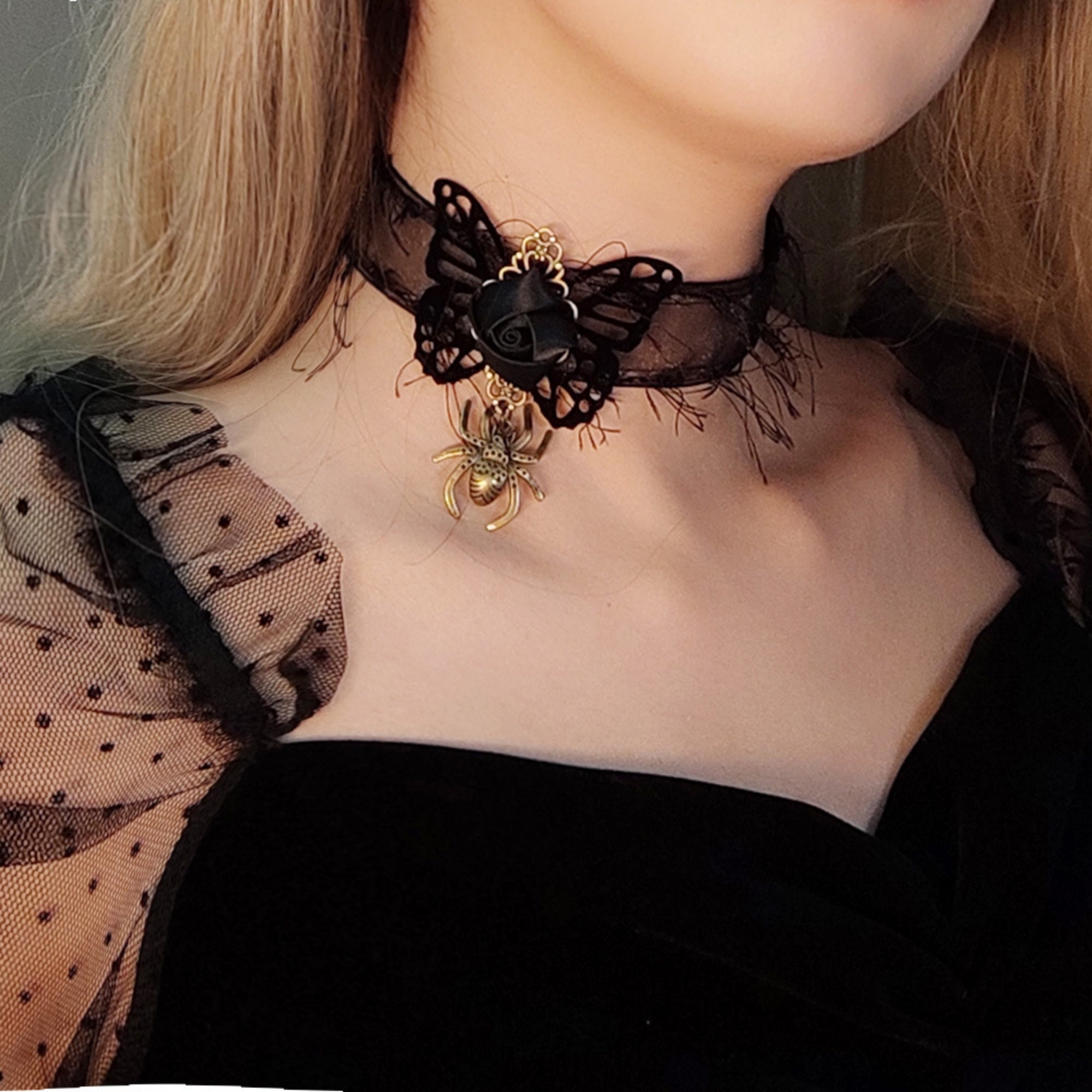Halloween Black Lace Fringe Choker Necklace | Gold Spider Pendant Black Rose Antique Bronze Butterfly Center Halloween Witch Vampire Dark Costume Jewelry