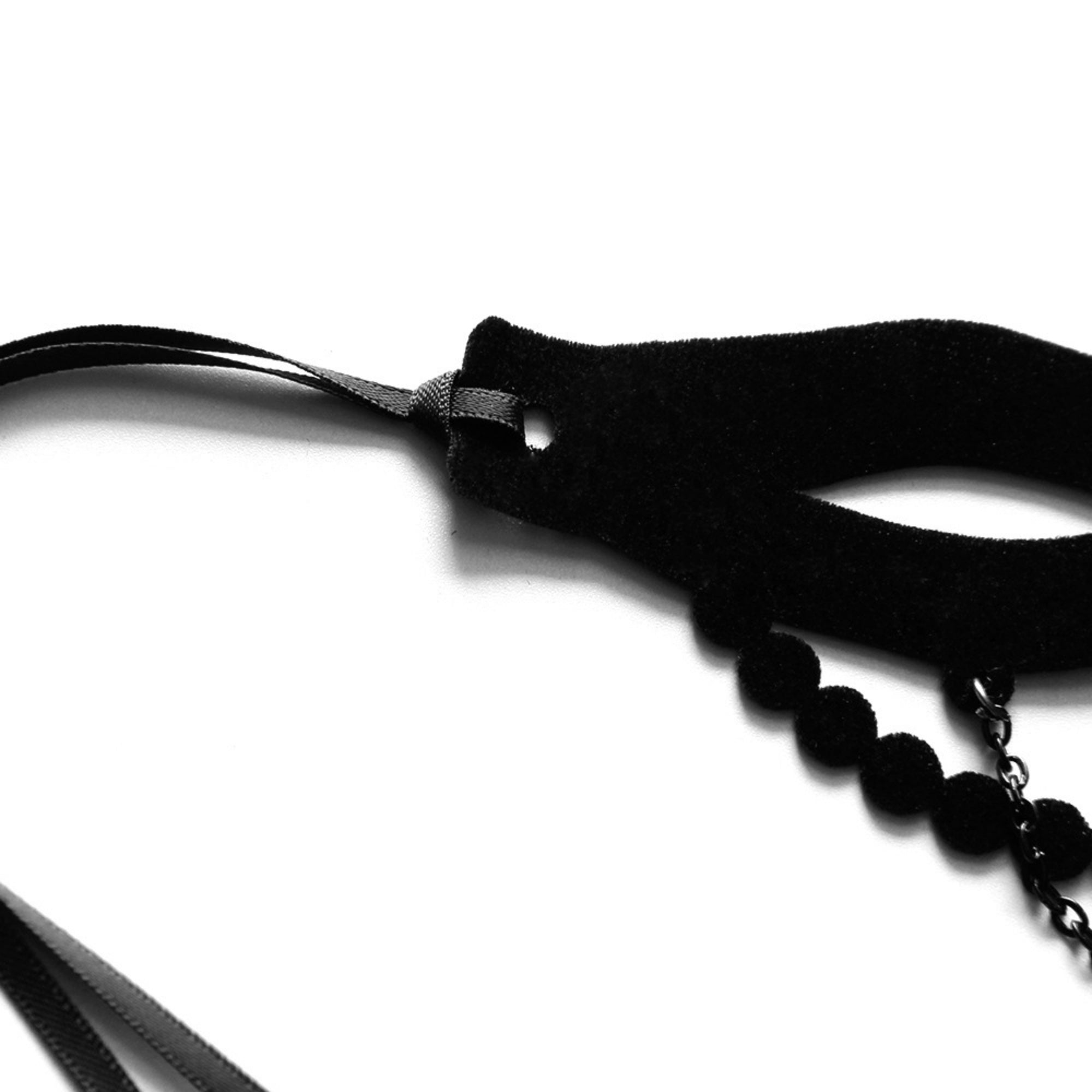 Halloween Gothic All-Black Velvet Crown Cutwork Choker Necklace | Black Chain Drape Bead Fringe Teardrop Pendant Cord Tie Dark Queen Costume Jewelry