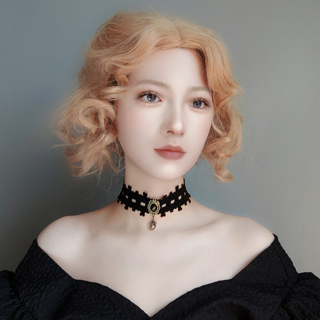 Halloween Gothic Black Velvet Grid Cutwork Choker Necklace | Silver Heart Pendant Black Oval Gemstone Clover Edge Ribbon Tie Dark Witch Costume Jewelry