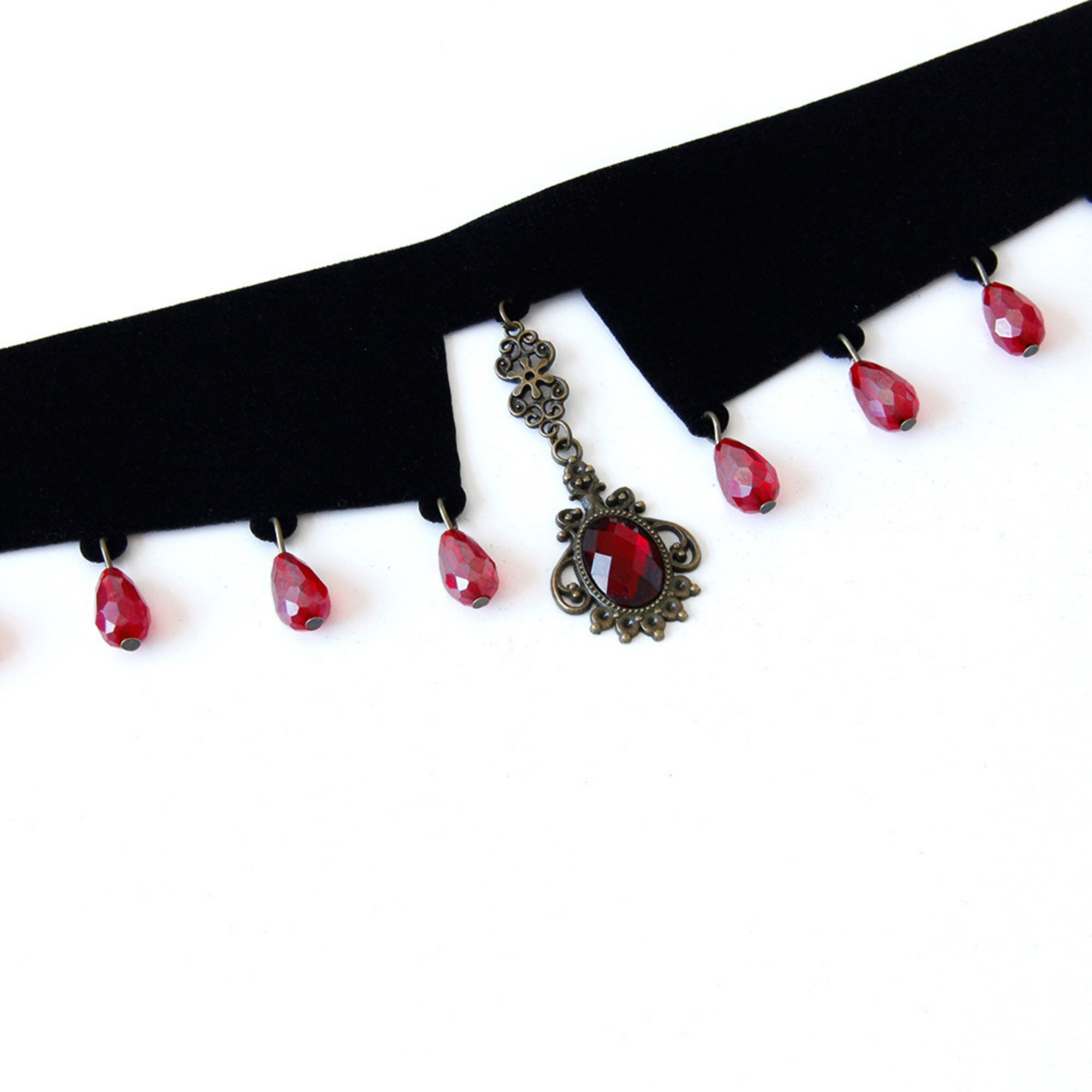 Gothic Vampire Black Velvet V-Collar Choker Necklace | Full Red Crystal Teardrop Fringe Antique Cameo Pendant Ribbon Tie Dark Jewelry