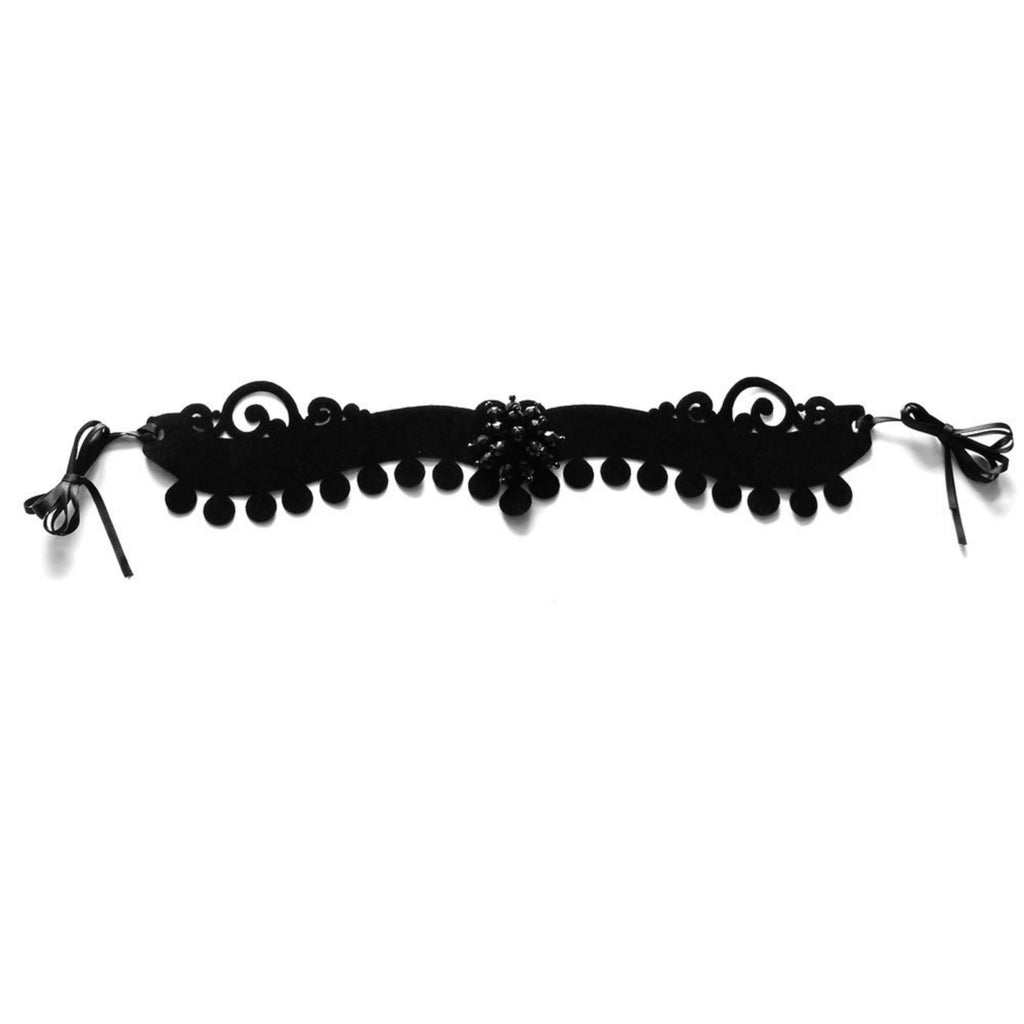 Halloween Black Velvet Baroque Scroll Choker Necklace | Pompom Ball Fringe Rhinestone Center Ribbon Tie Dark Queen Costume Jewelry