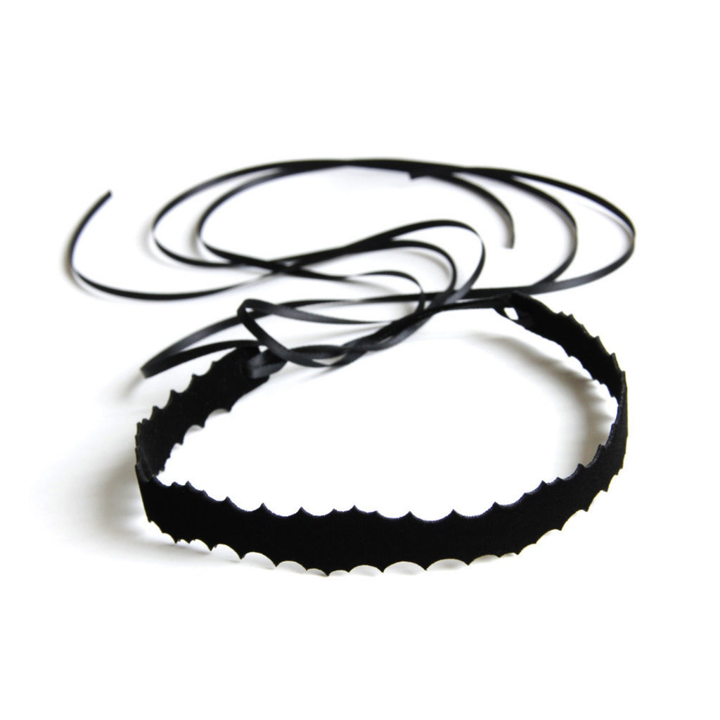 Black Slim Scallop Wave Edge Choker Necklace | Ultra Fine Dual Leather Cord Tie Gothic Minimalist Dark Aesthetic Halloween Jewelry
