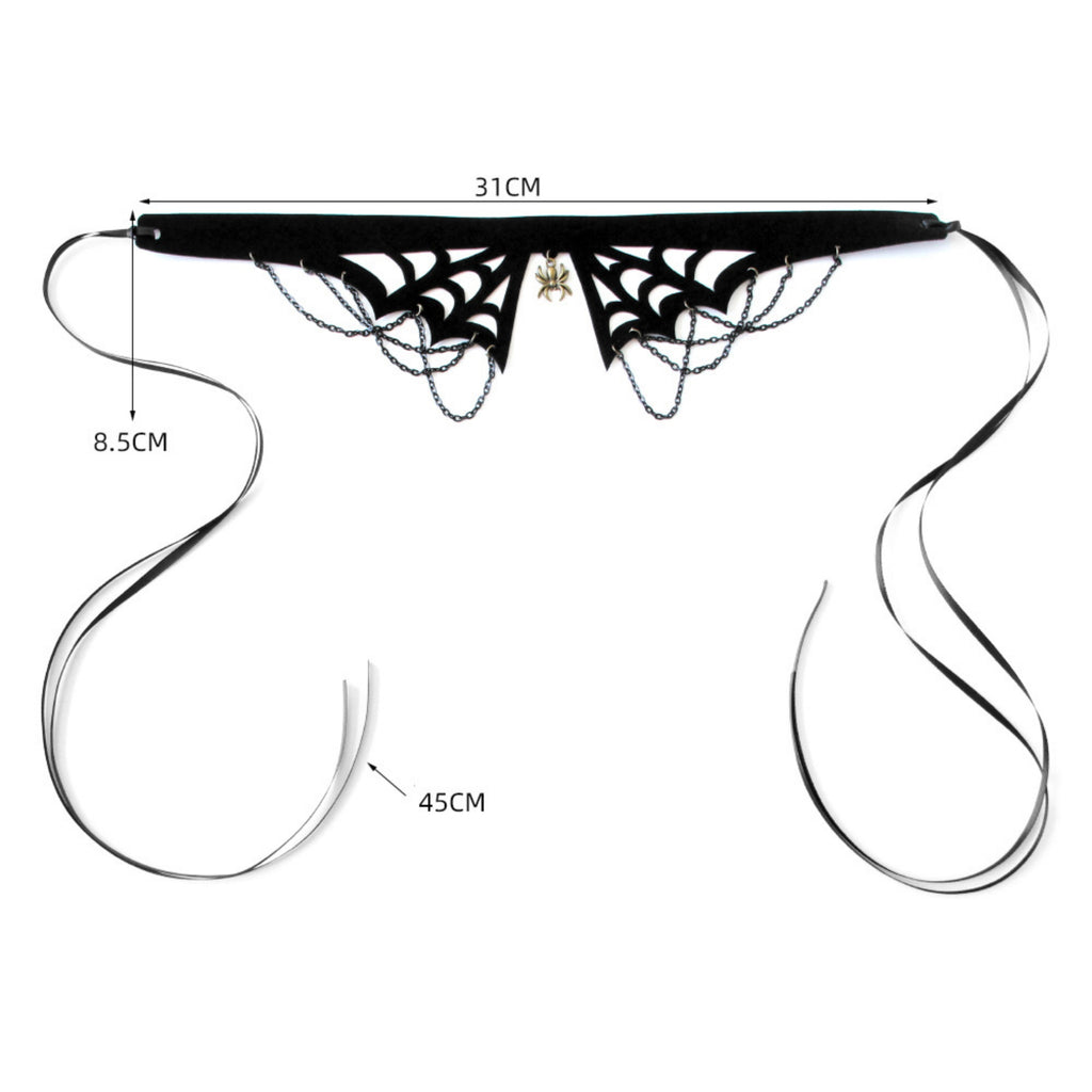 Halloween Gothic Black Spiderweb Collar Choker Necklace | Antique Bronze Spider Pendant Chain Drape Ribbon Tie Wide Dark Jewelry