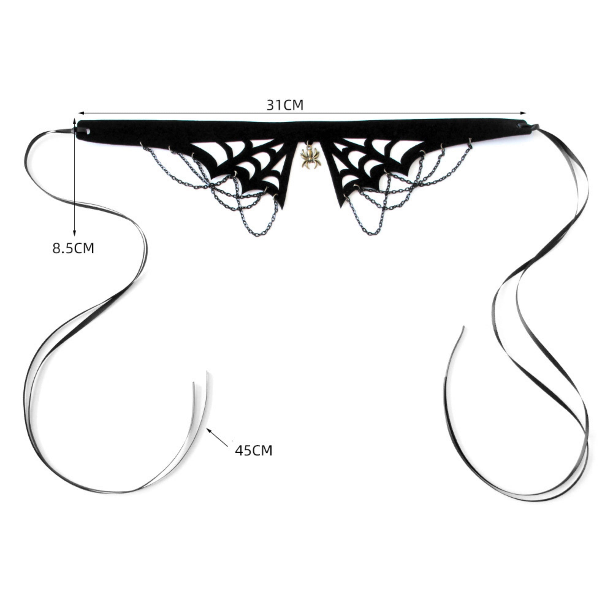 Halloween Gothic Black Spiderweb Collar Choker Necklace | Antique Bronze Spider Pendant Chain Drape Ribbon Tie Wide Dark Jewelry