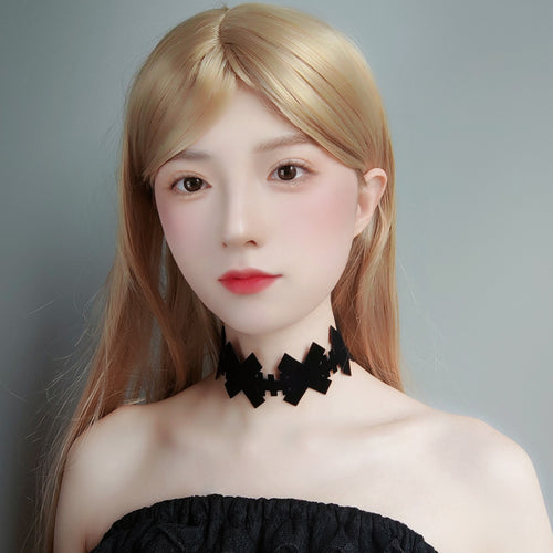 Black Gothic Cross Chain Choker Necklace | Pixel Edge Linked Cross Silhouette Ribbon Tie Dark Aesthetic Minimalist Halloween Jewelry