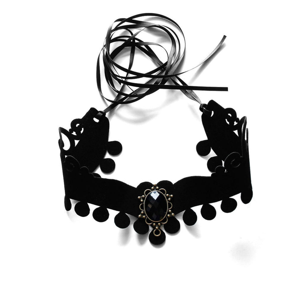 Halloween Black Velvet Baroque Choker Necklace | Pompom Ball Fringe Antique Bronze Black Oval Gemstone Pendant Long Ribbon Tie Dark Costume Jewelry