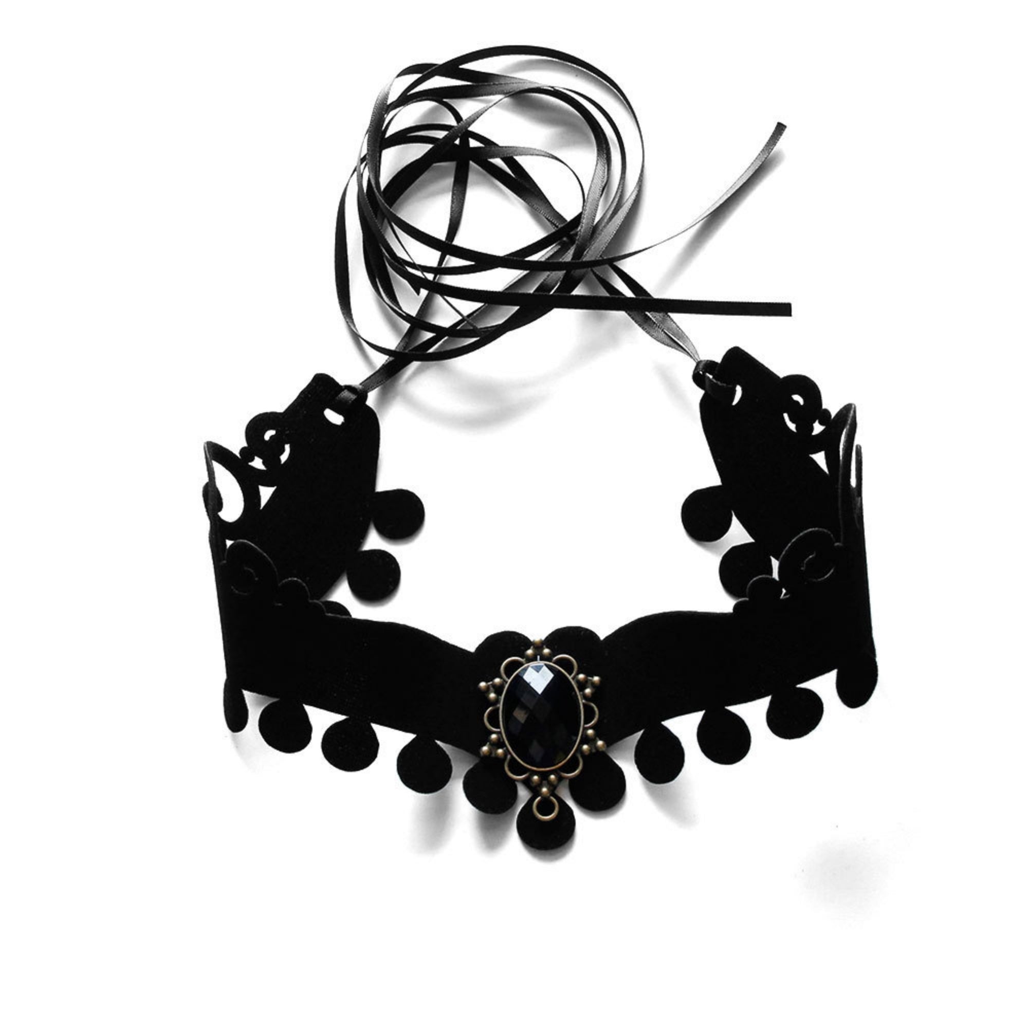 Halloween Black Velvet Baroque Choker Necklace | Pompom Ball Fringe Antique Bronze Black Oval Gemstone Pendant Long Ribbon Tie Dark Costume Jewelry
