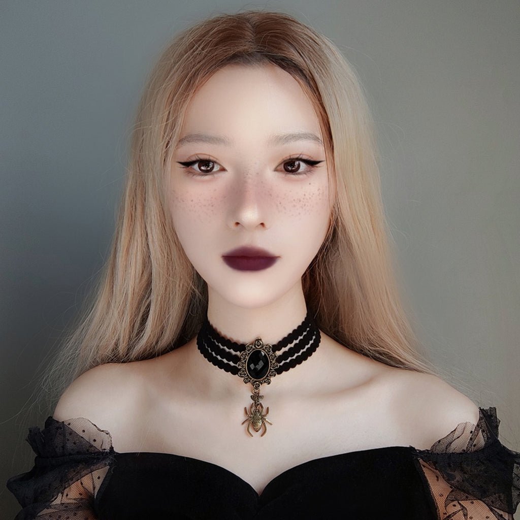 Halloween Black Triple Bead Row Choker Necklace | Antique Bronze Spider Pendant Black Oval Gemstone Ribbon Tie Dark Witch Costume Jewelry