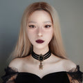 Halloween Black Triple Bead Row Choker Necklace | Antique Bronze Spider Pendant Black Oval Gemstone Ribbon Tie Dark Witch Costume Jewelry