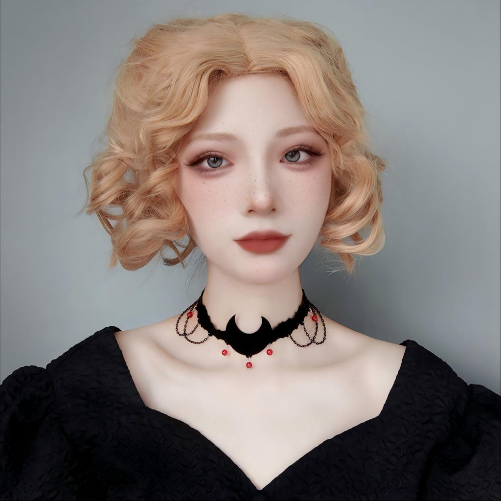 Halloween Black Velvet Bat Choker Necklace | Blood Red Bead Gunmetal Chain Drape Scallop Edge Cord Tie Vampire Dark Costume Jewelry