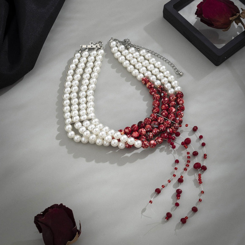 Halloween Gothic Two-Tone Pearl & Blood Red Stone Wide Choker Necklace | Vampire Dark Romance Halloween Costume Jewelry