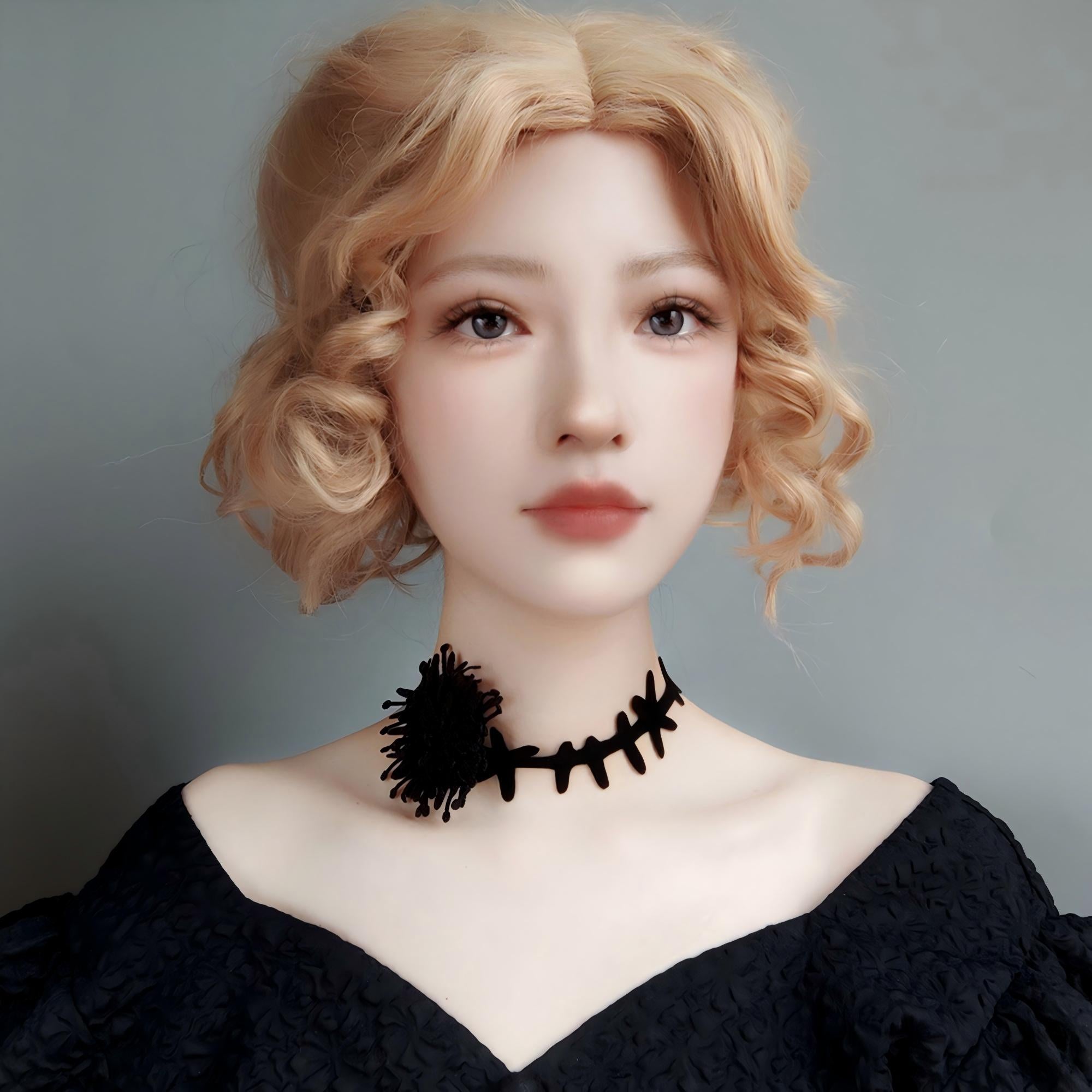 Gothic Black Velvet Thorn Vine Choker Necklace | Fluffy Mum Flower Ribbon Tie Dark Witch Halloween Jewelry