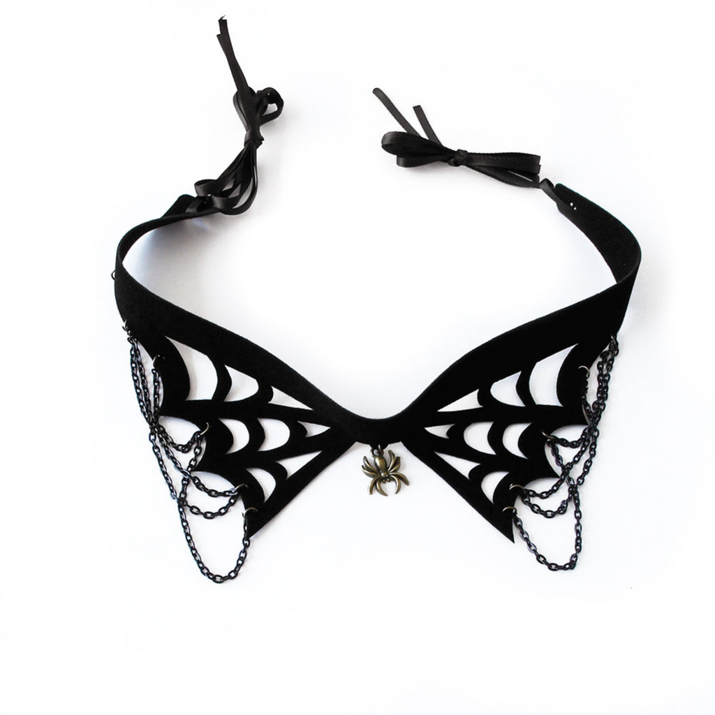 Halloween Gothic Black Spiderweb Collar Choker Necklace | Antique Bronze Spider Pendant Chain Drape Ribbon Tie Wide Dark Jewelry