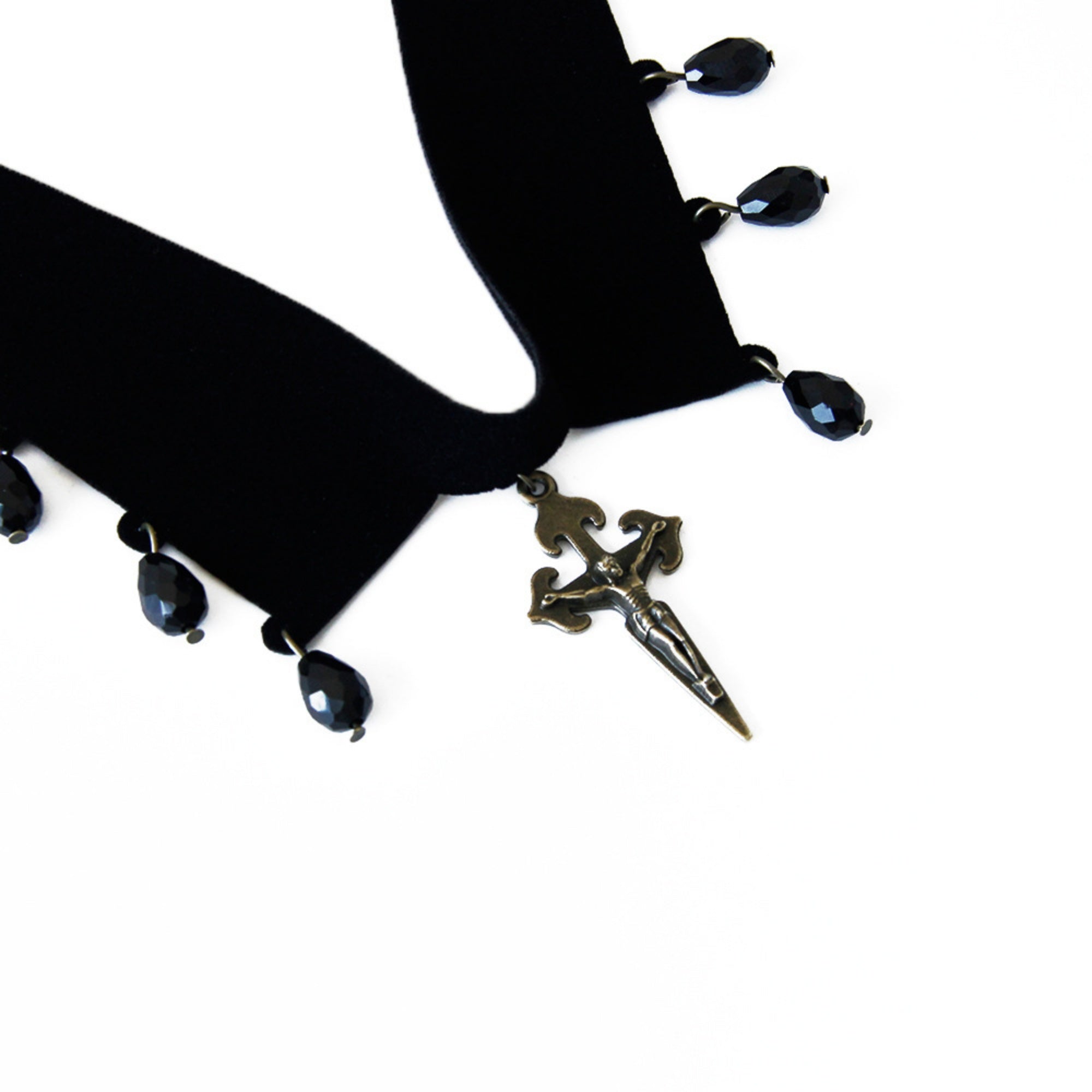 Black Velvet Choker Necklace | Gothic Crucifix Cross Crystal Drop Y2K Aesthetic Gift for Her | Dark Fairycore Jewelry