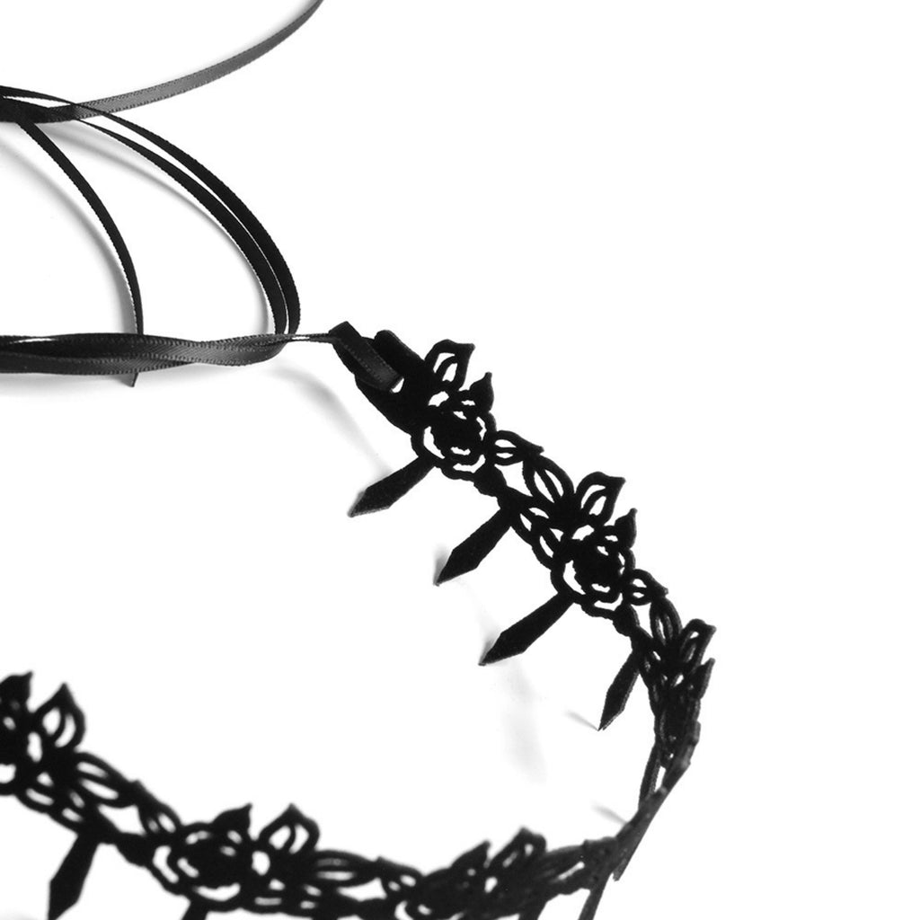 Halloween Black Spike Fringe Vine Choker Necklace | Velvet Thorn Spike Drop Scroll Vine Ribbon Tie Vampire Witch Dark Costume Halloween Jewelry