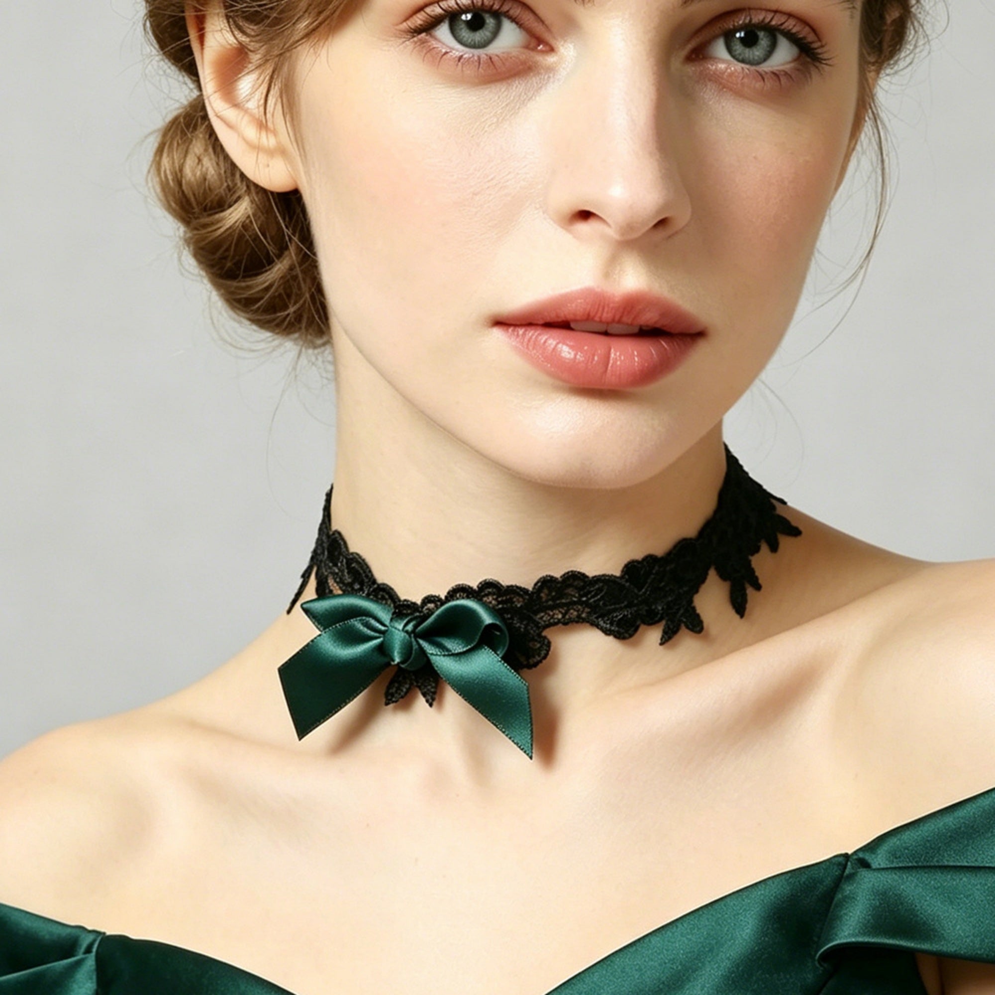 Black Lace Bow Choker Necklace | Dark Green Satin Ribbon Bow Gothic Lolita Dark Romance Halloween Jewelry