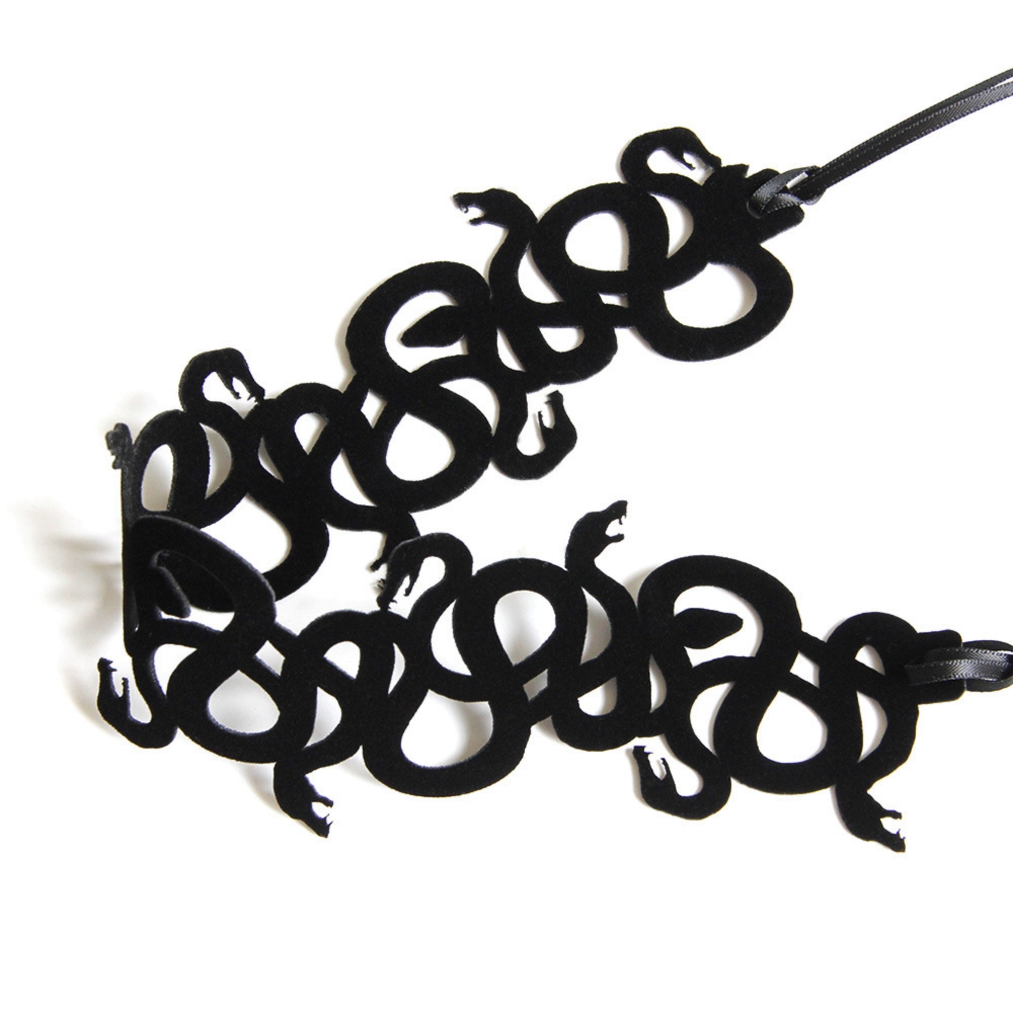 Halloween Black Coiled Snake Swarm Choker Necklace | Velvet Intertwined Serpent Cutwork Ribbon Tie Medusa Witch Dark Costume Jewelry