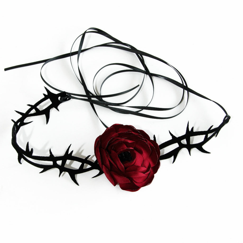 Gothic Dark Red Rose Thorn Choker Necklace | Black Thorns Vine Dark Romance Halloween Vampire Jewelry