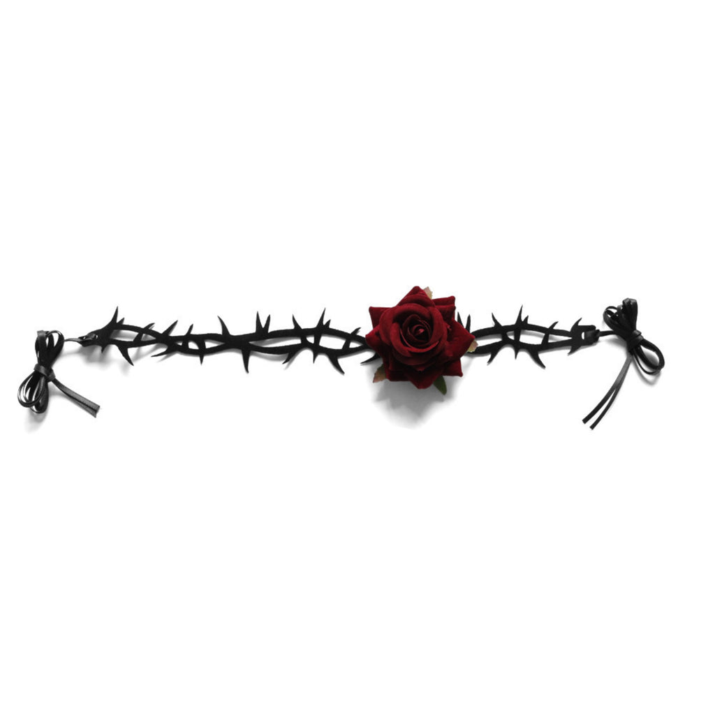 Halloween Gothic Black Thorn Vine Red Rose Choker Necklace | Barbed Wire Ribbon Tie Dark Romance Halloween Jewelry