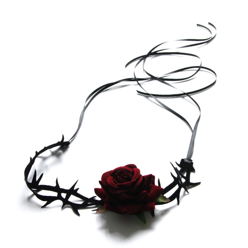 Halloween Gothic Black Thorn Vine Red Rose Choker Necklace | Barbed Wire Ribbon Tie Dark Romance Halloween Jewelry