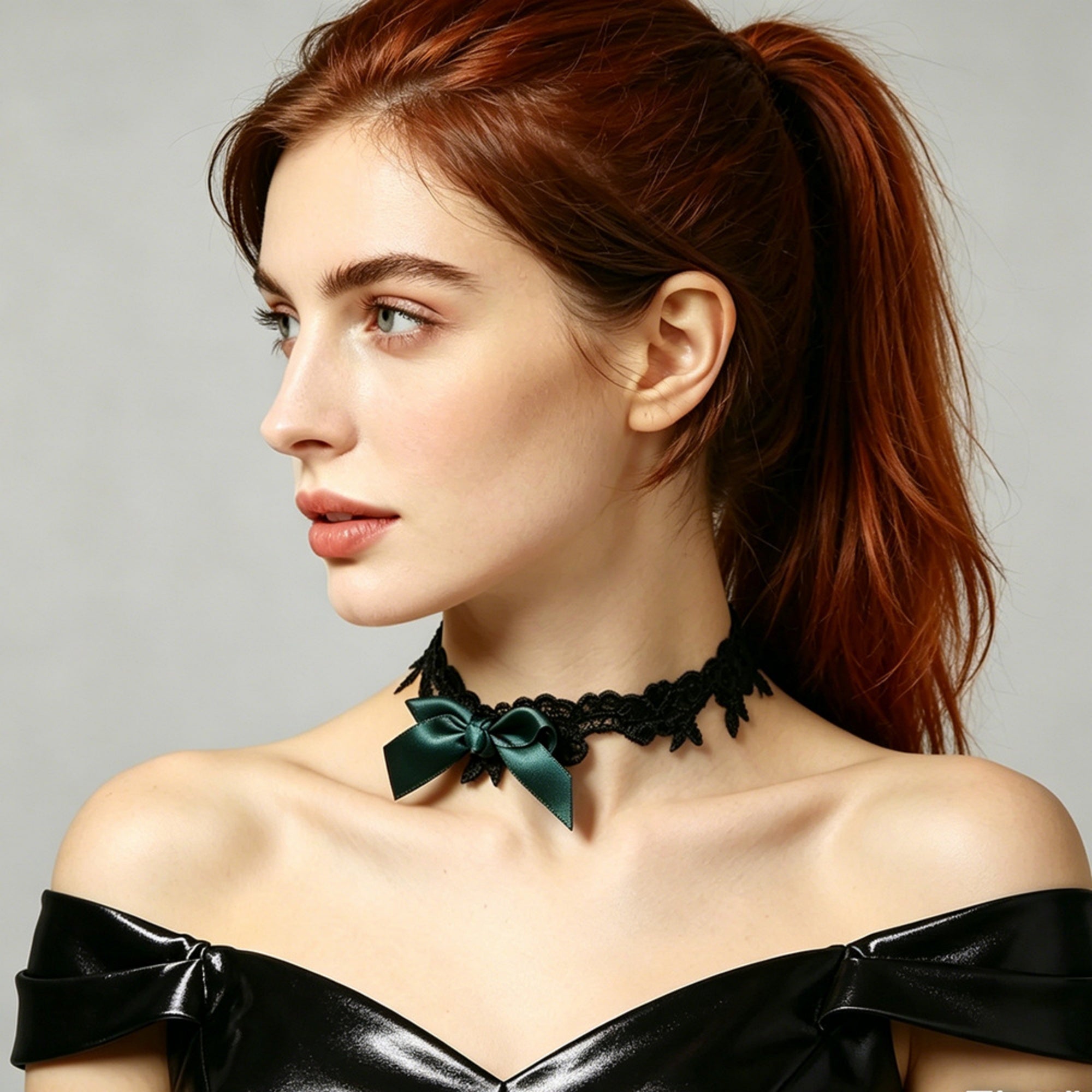 Black Lace Bow Choker Necklace | Dark Green Satin Ribbon Bow Gothic Lolita Dark Romance Halloween Jewelry