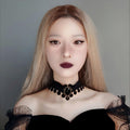 Halloween Black Velvet Baroque Choker Necklace | Pompom Ball Fringe Antique Bronze Black Oval Gemstone Pendant Long Ribbon Tie Dark Costume Jewelry
