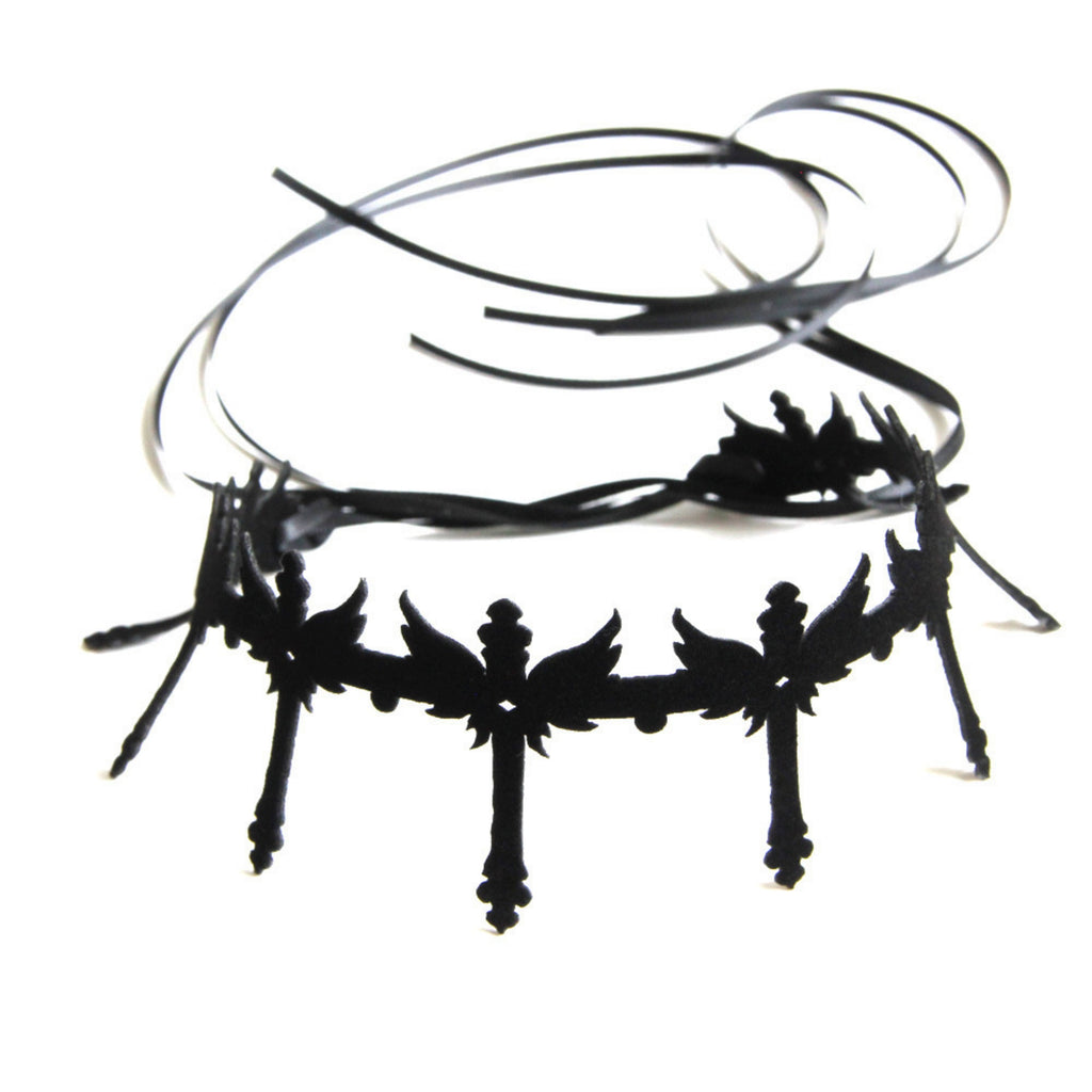 Gothic Black Winged Cross Choker Necklace | Wide Cutwork Ribbon Tie Dark Angel Halloween Jewelry