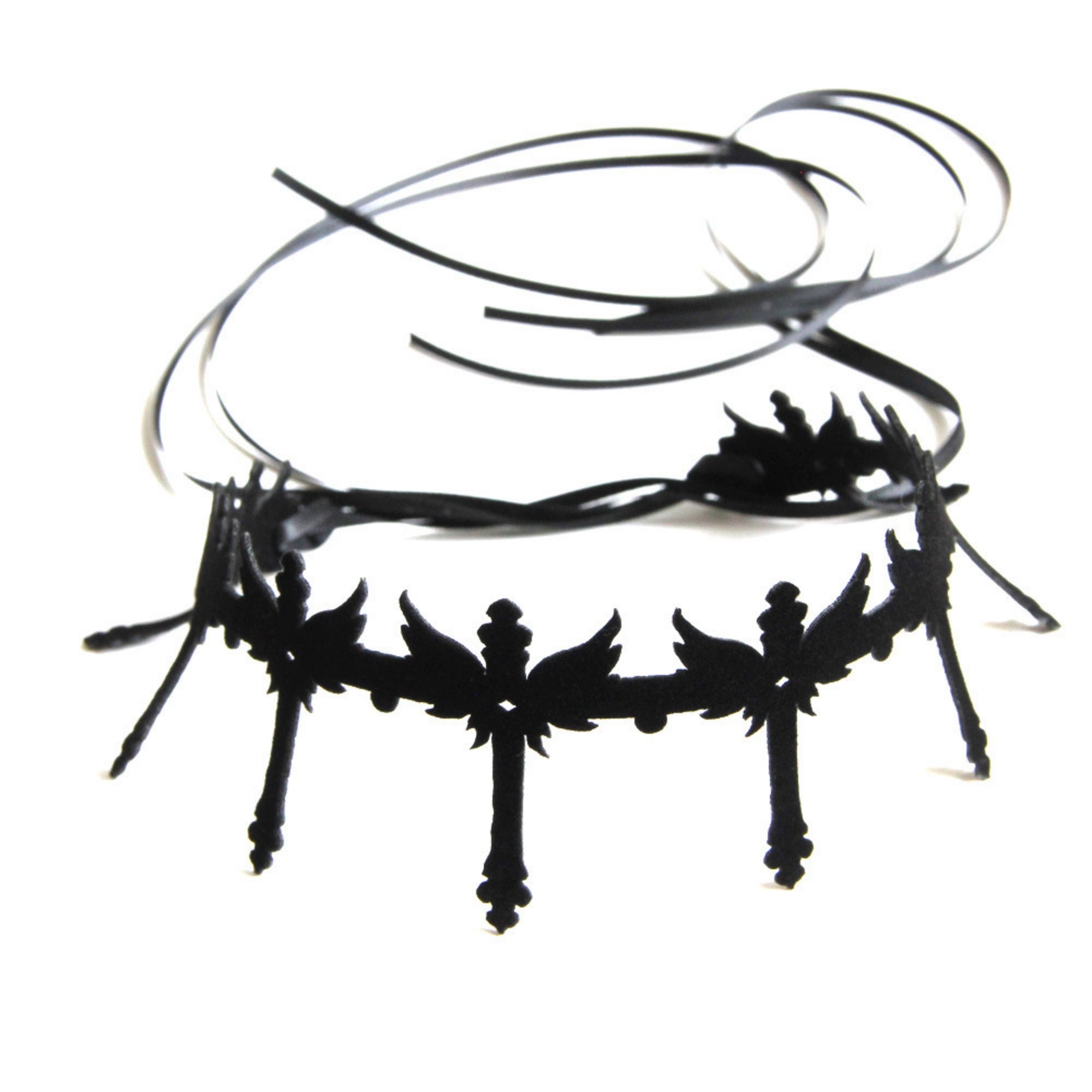 Gothic Black Winged Cross Choker Necklace | Wide Cutwork Ribbon Tie Dark Angel Halloween Jewelry