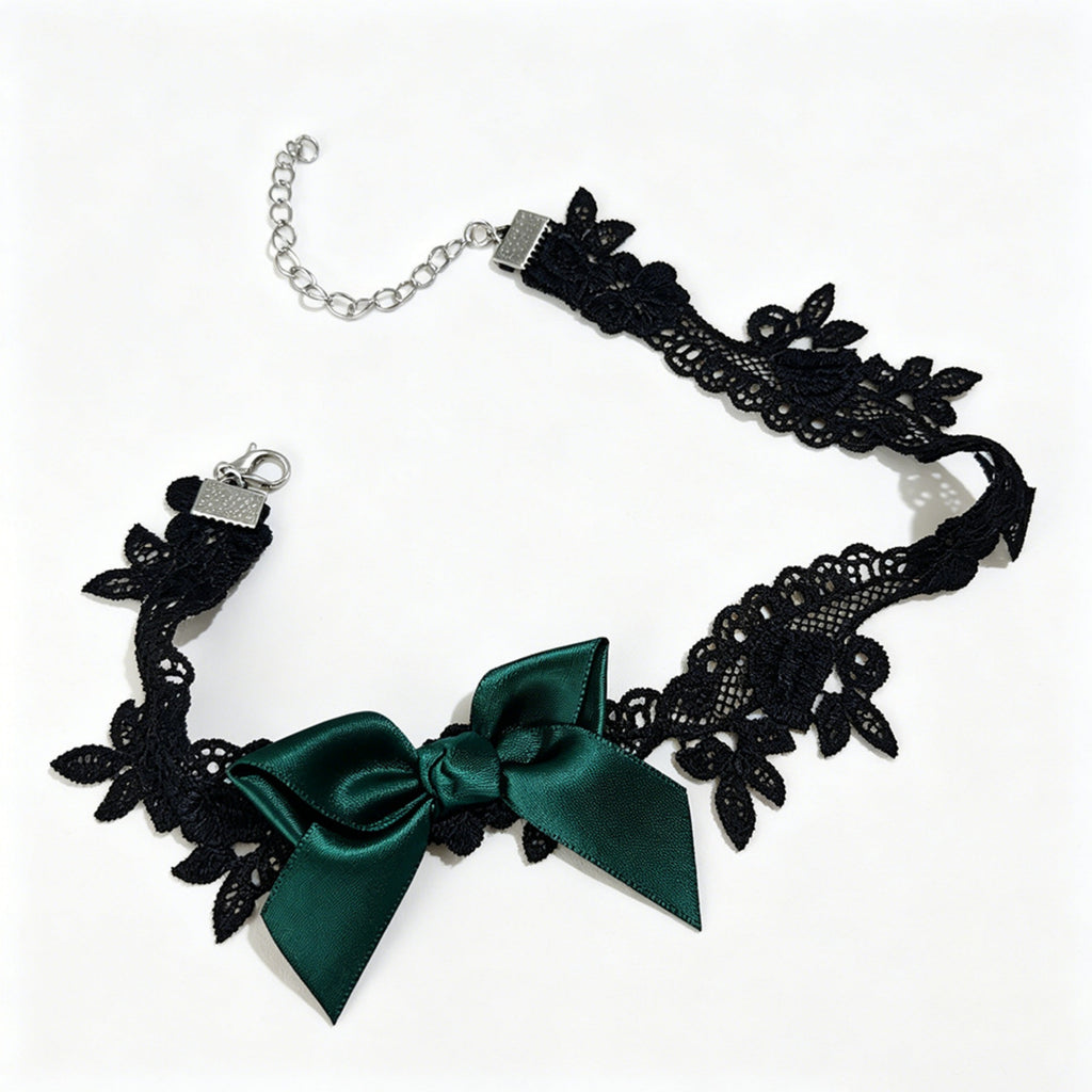Black Lace Bow Choker Necklace | Dark Green Satin Ribbon Bow Gothic Lolita Dark Romance Halloween Jewelry