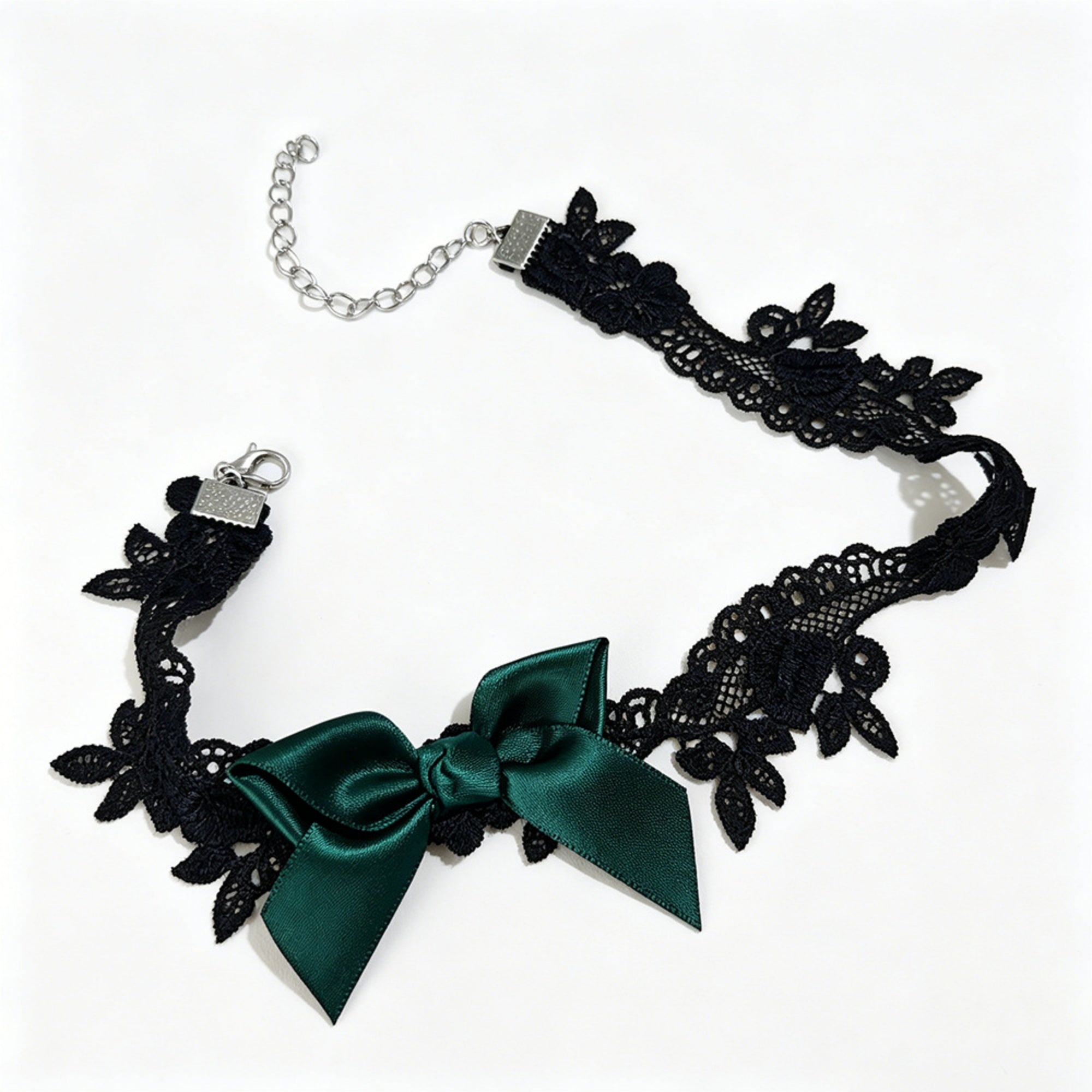 Black Lace Bow Choker Necklace | Dark Green Satin Ribbon Bow Gothic Lolita Dark Romance Halloween Jewelry