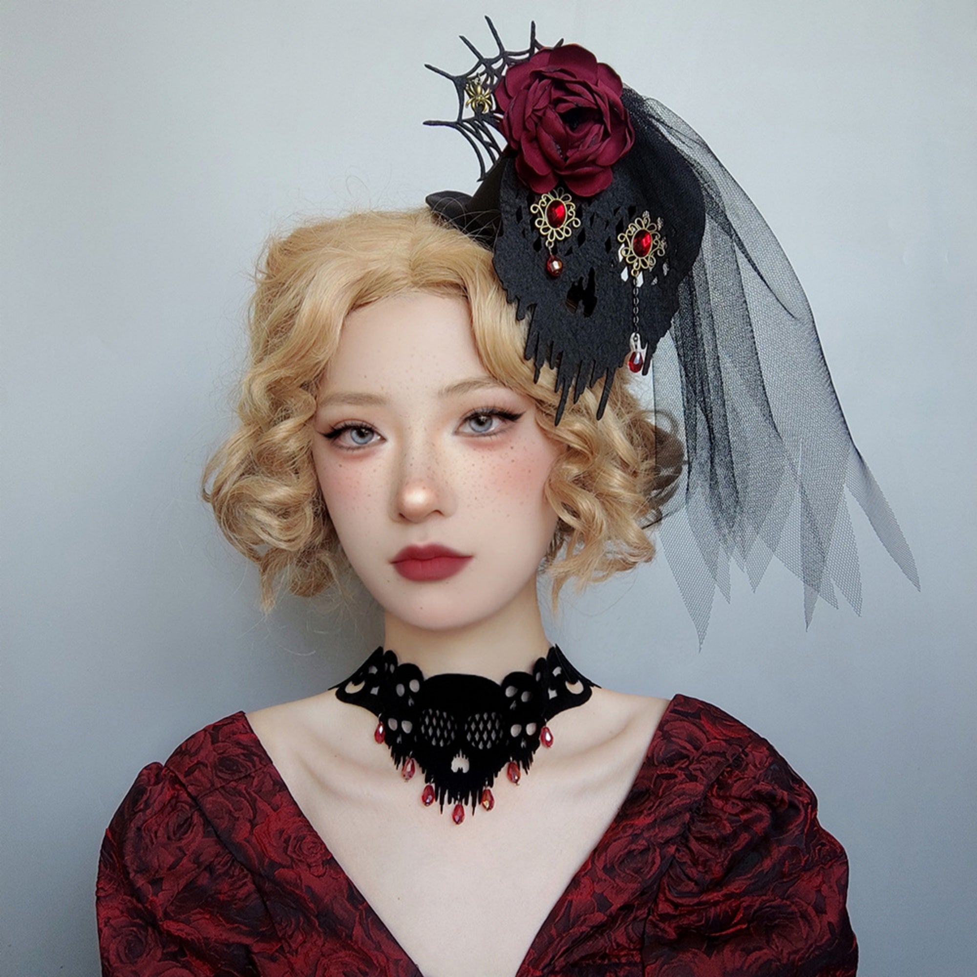 Halloween Gothic Black Skull Choker Necklace | Red Crystal Teardrop Drop Ribbon Tie Vampire Dark Jewelry