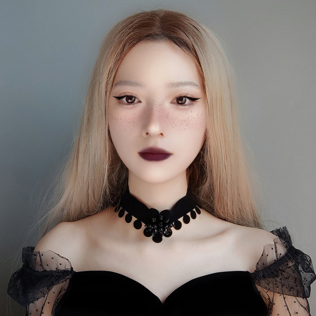 Halloween Black Velvet Baroque Scroll Choker Necklace | Pompom Ball Fringe Rhinestone Center Ribbon Tie Dark Queen Costume Jewelry