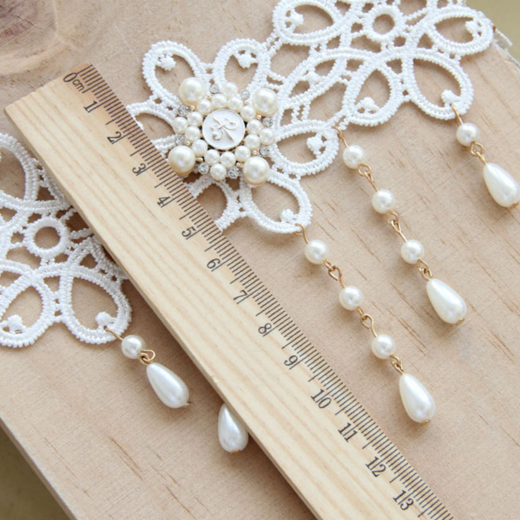 Halloween White Lace Choker Necklace | Pearl Drop Fringe Gold Chain Rhinestone Center Ghost Bride Bridal Costume Jewelry