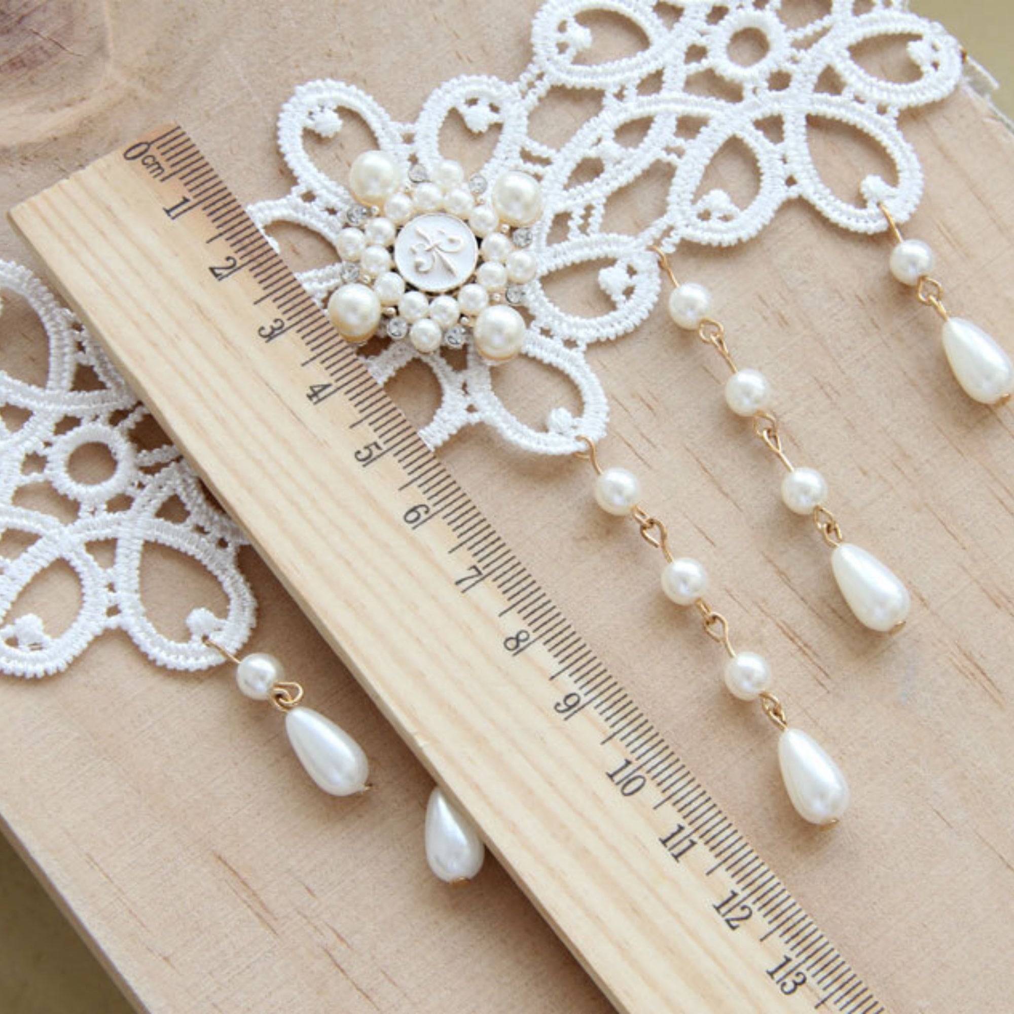 Halloween White Lace Choker Necklace | Pearl Drop Fringe Gold Chain Rhinestone Center Ghost Bride Bridal Costume Jewelry