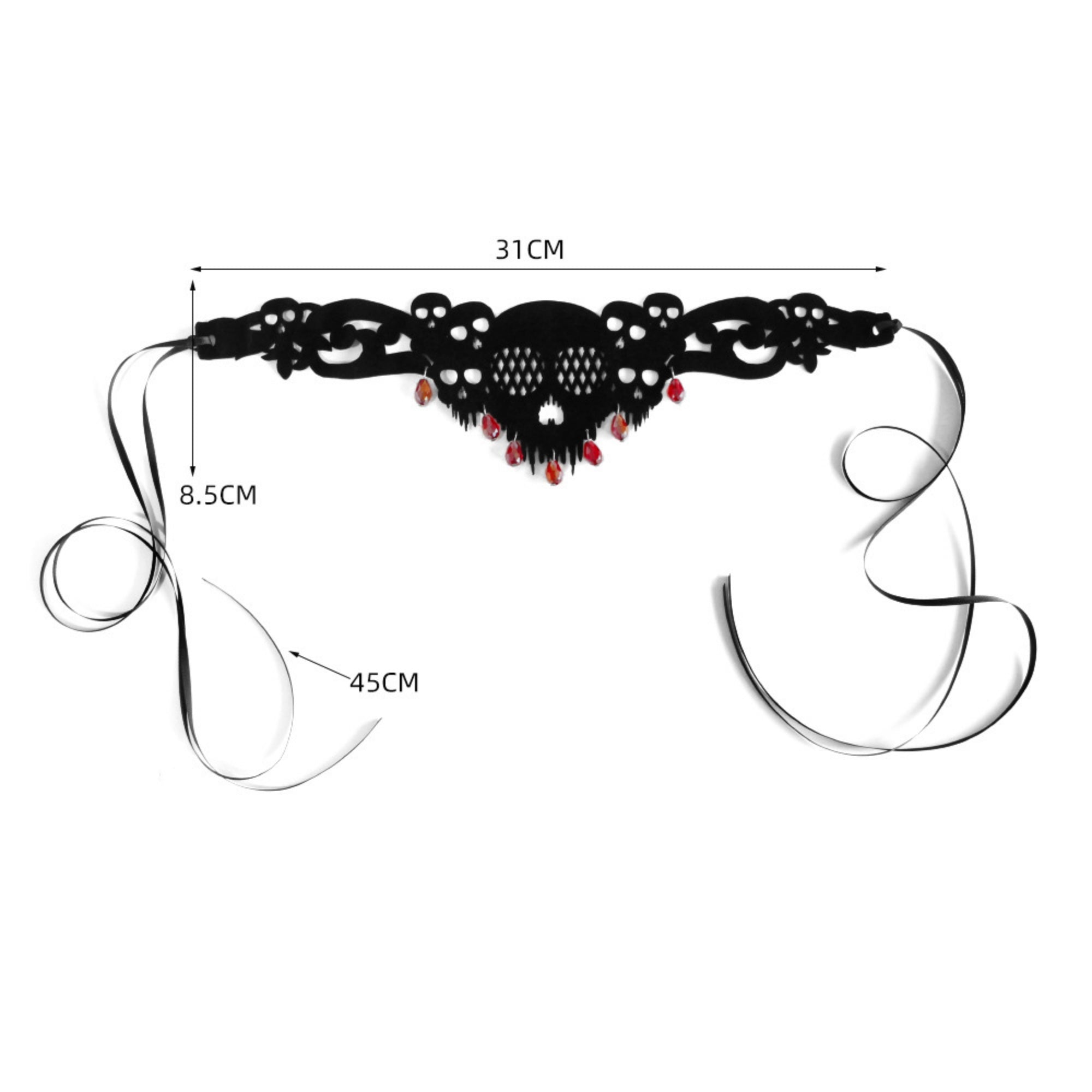 Halloween Gothic Black Skull Choker Necklace | Red Crystal Teardrop Drop Ribbon Tie Vampire Dark Jewelry
