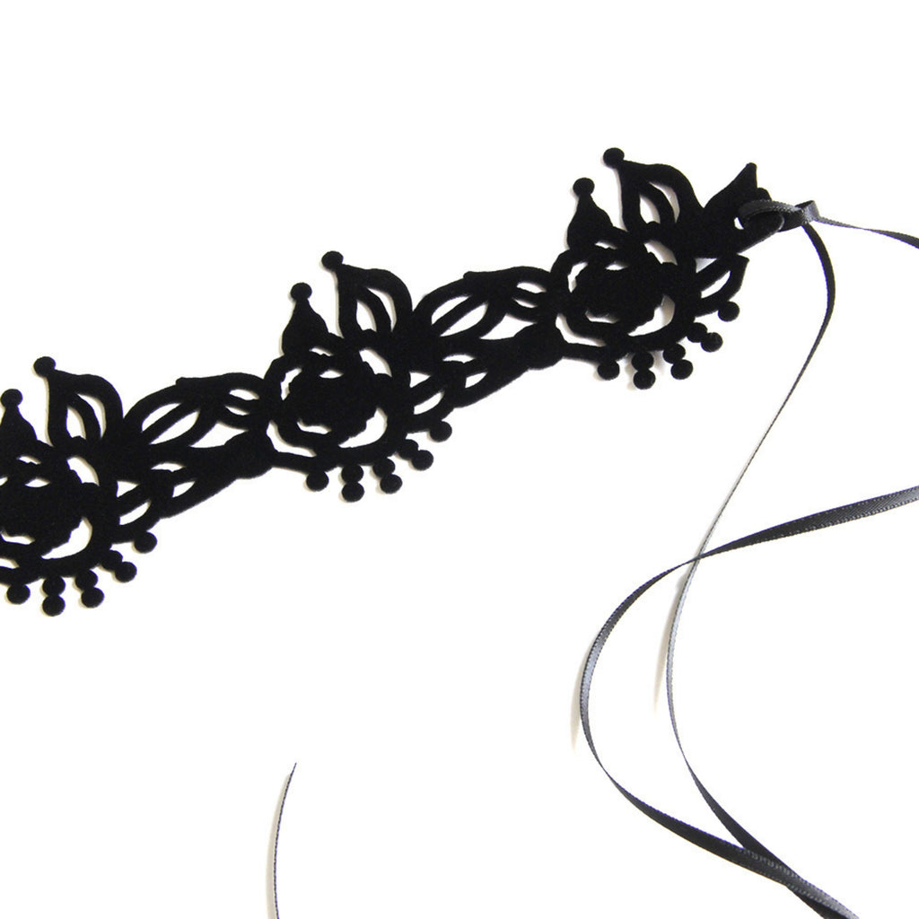 Black Velvet Floral Crown Tiara Choker Necklace | Victorian Rose Leaf Crown Cutwork Ribbon Tie Gothic Lolita Dark Romantic Halloween Jewelry