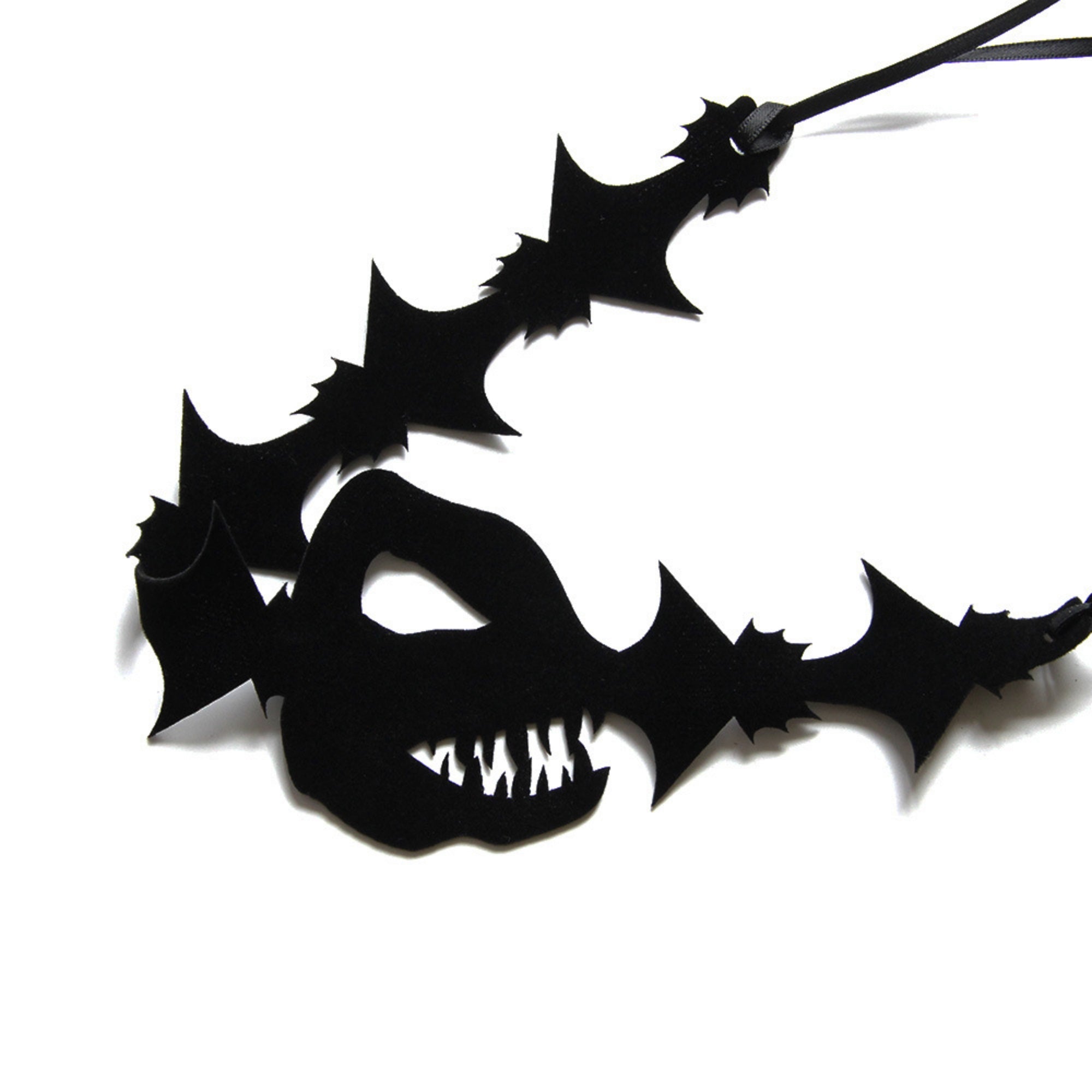 Halloween Black Bat Swarm Silhouette Choker Necklace | Jagged Wing Cutout Ribbon Tie Vampire Witch Minimalist Dark Costume Jewelry