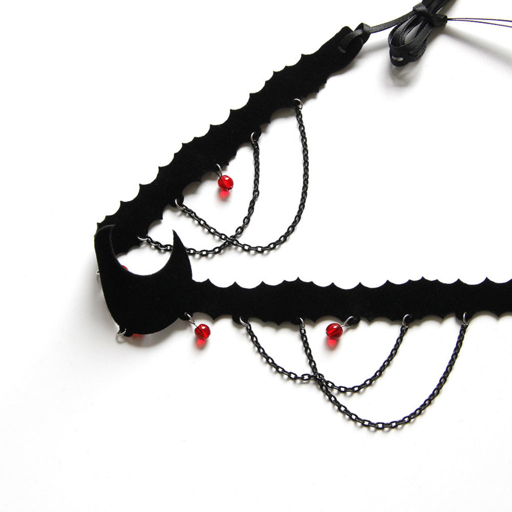 Halloween Black Velvet Bat Choker Necklace | Blood Red Bead Gunmetal Chain Drape Scallop Edge Cord Tie Vampire Dark Costume Jewelry