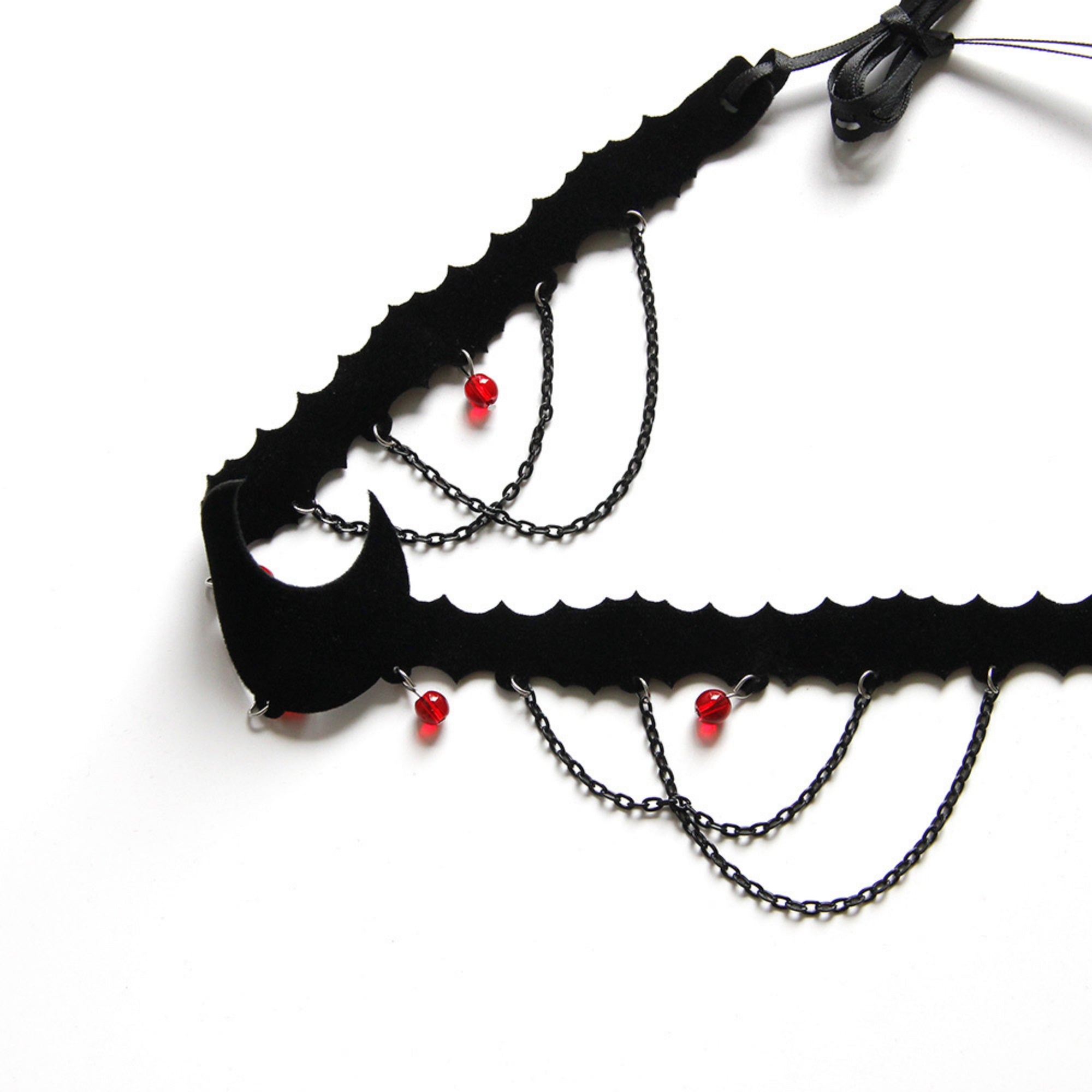 Halloween Black Velvet Bat Choker Necklace | Blood Red Bead Gunmetal Chain Drape Scallop Edge Cord Tie Vampire Dark Costume Jewelry