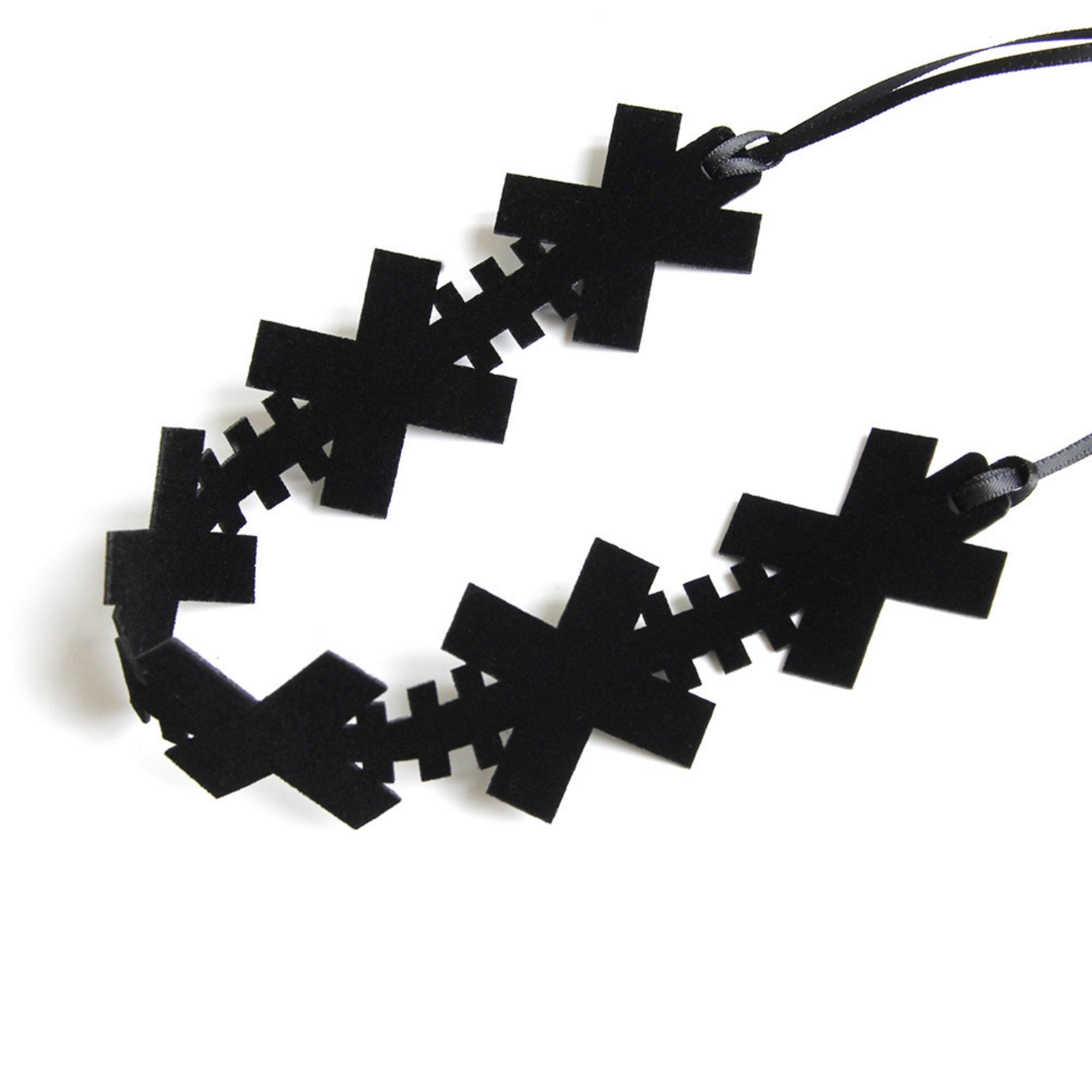 Black Gothic Cross Chain Choker Necklace | Pixel Edge Linked Cross Silhouette Ribbon Tie Dark Aesthetic Minimalist Halloween Jewelry
