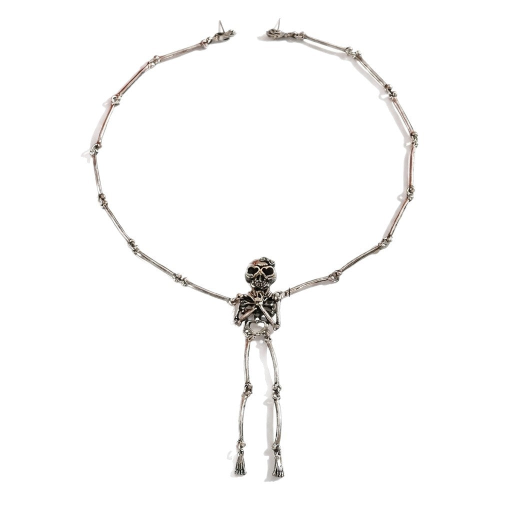 Halloween Gothic Skeleton Full Body Pendant Necklace & Bone Earring Set | Antique Silver Skull Jewelry Dark Halloween